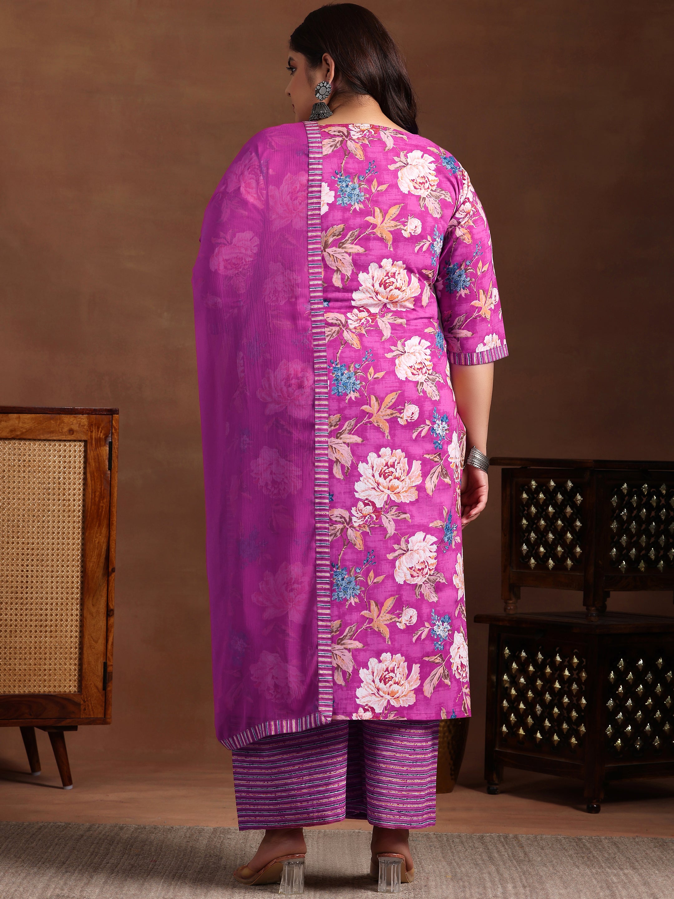 Plus Size Pink Printed Cotton Straight Suit With Dupatta