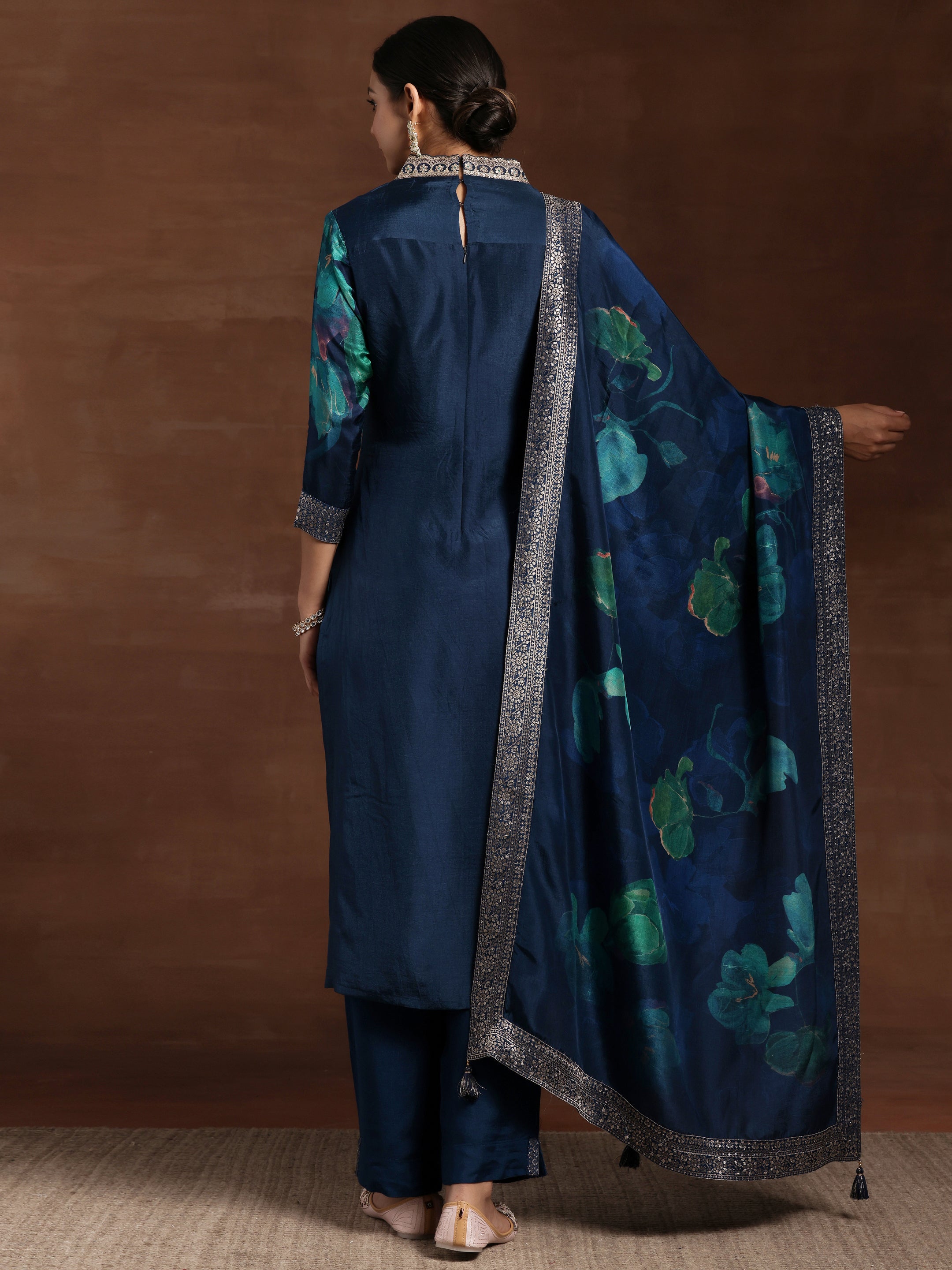 Blue Printed Silk Blend Straight Suit With Dupatta