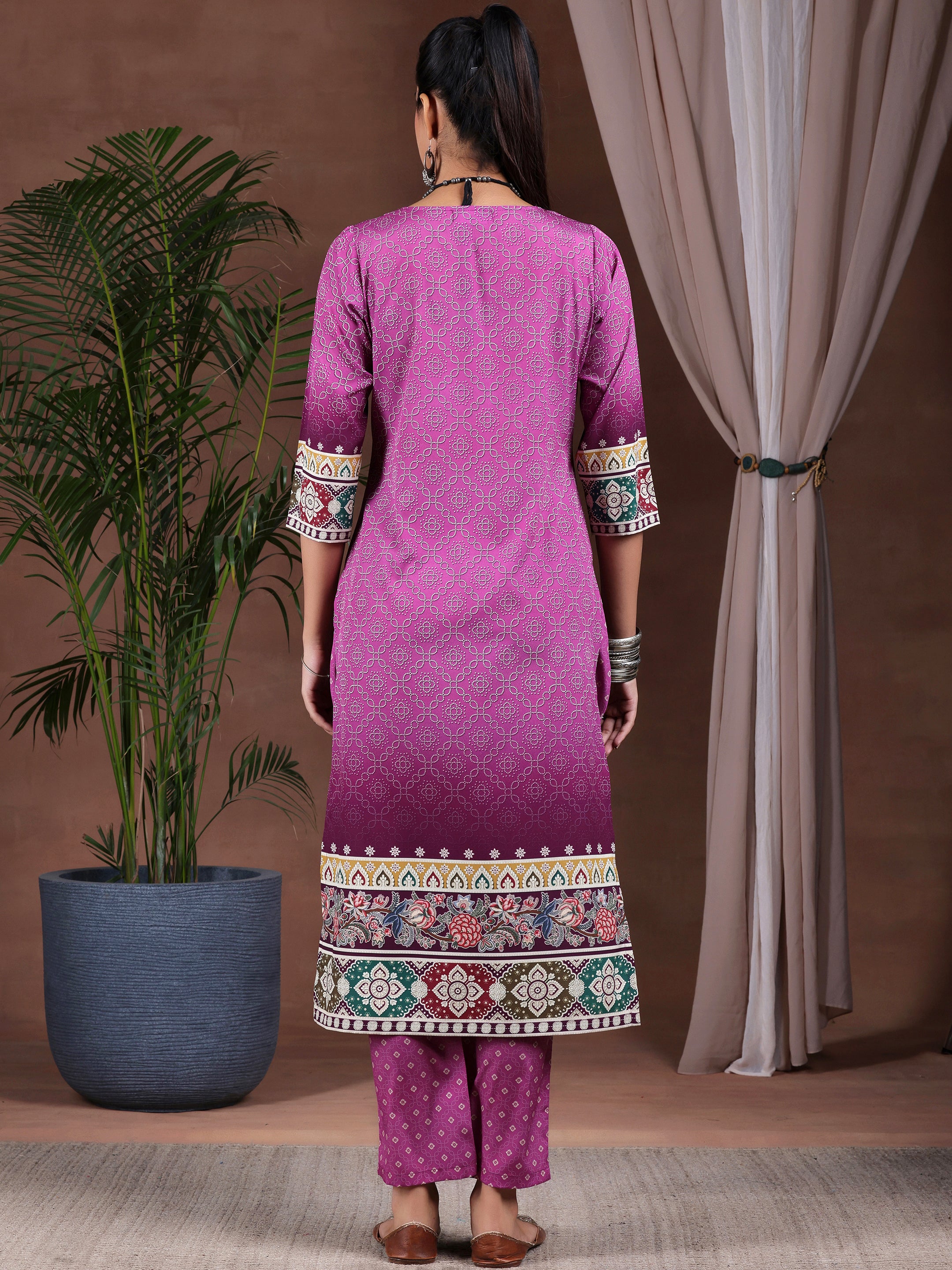 Wine Printed Poly Crepe Straight Suit With Dupatta