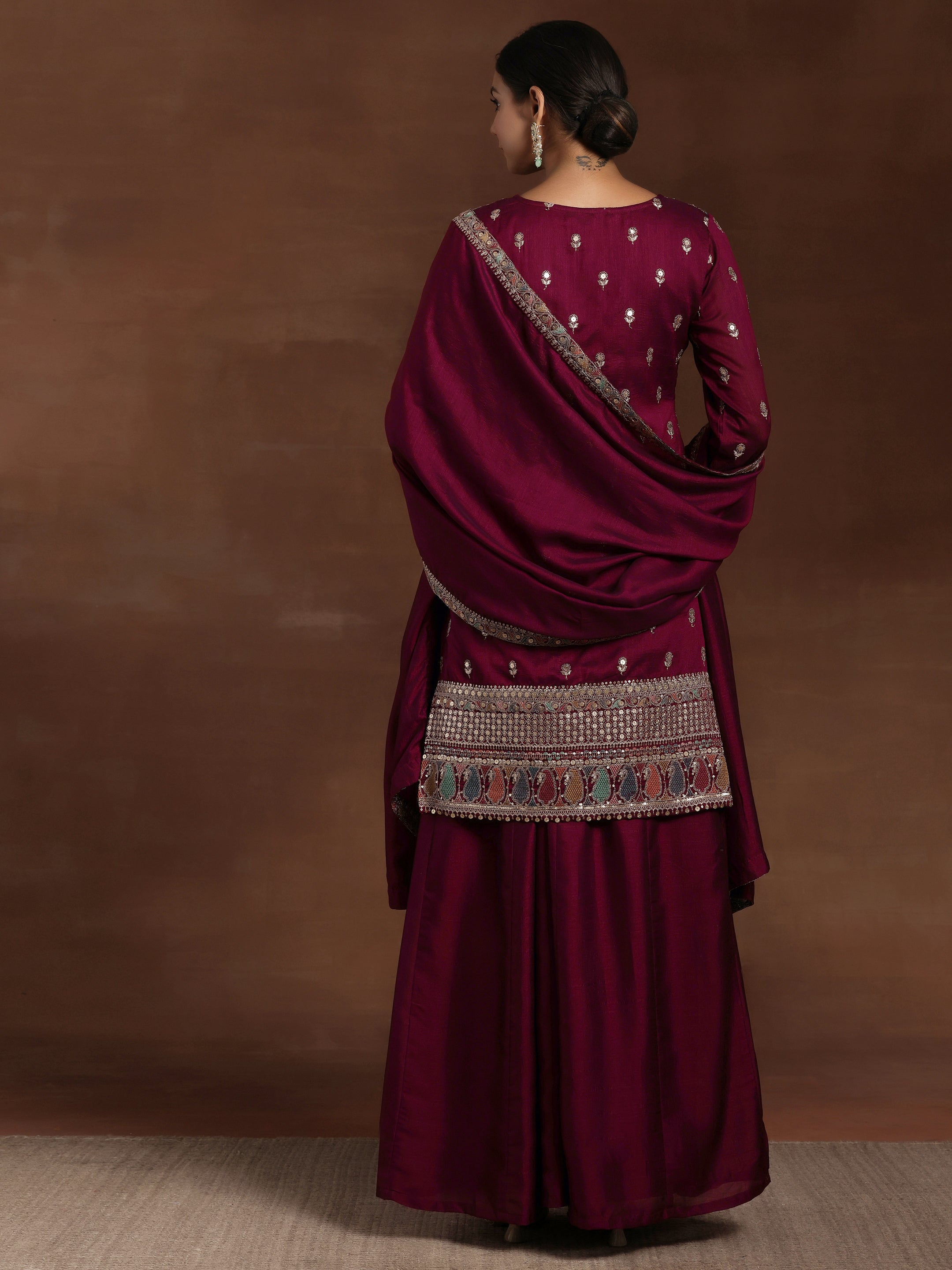 Adaa Wine Embroidered Silk Blend Straight Kurta With Palazzos & Dupatta