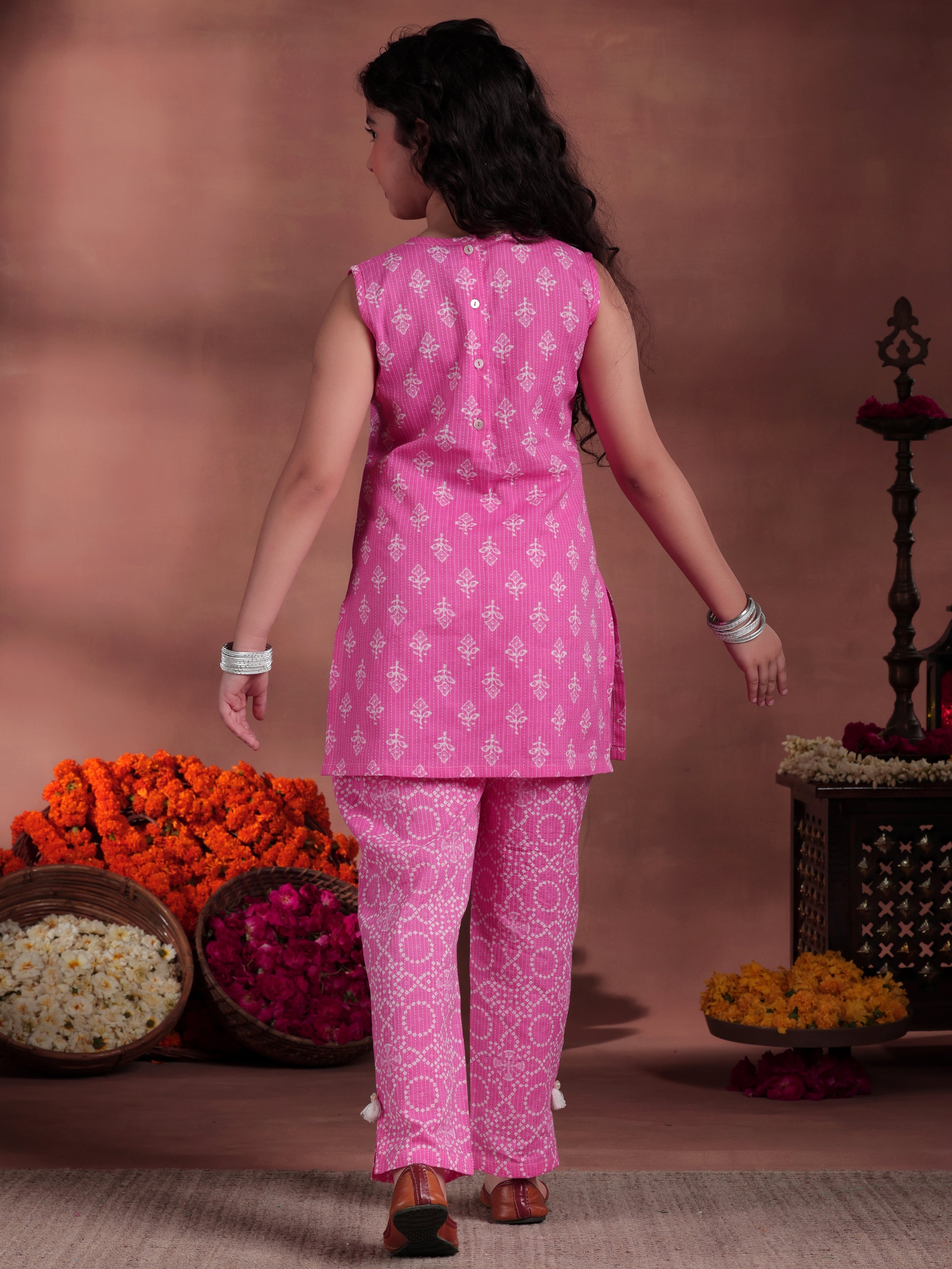 Kids Pink Printed Cotton Straight Top With Trousers