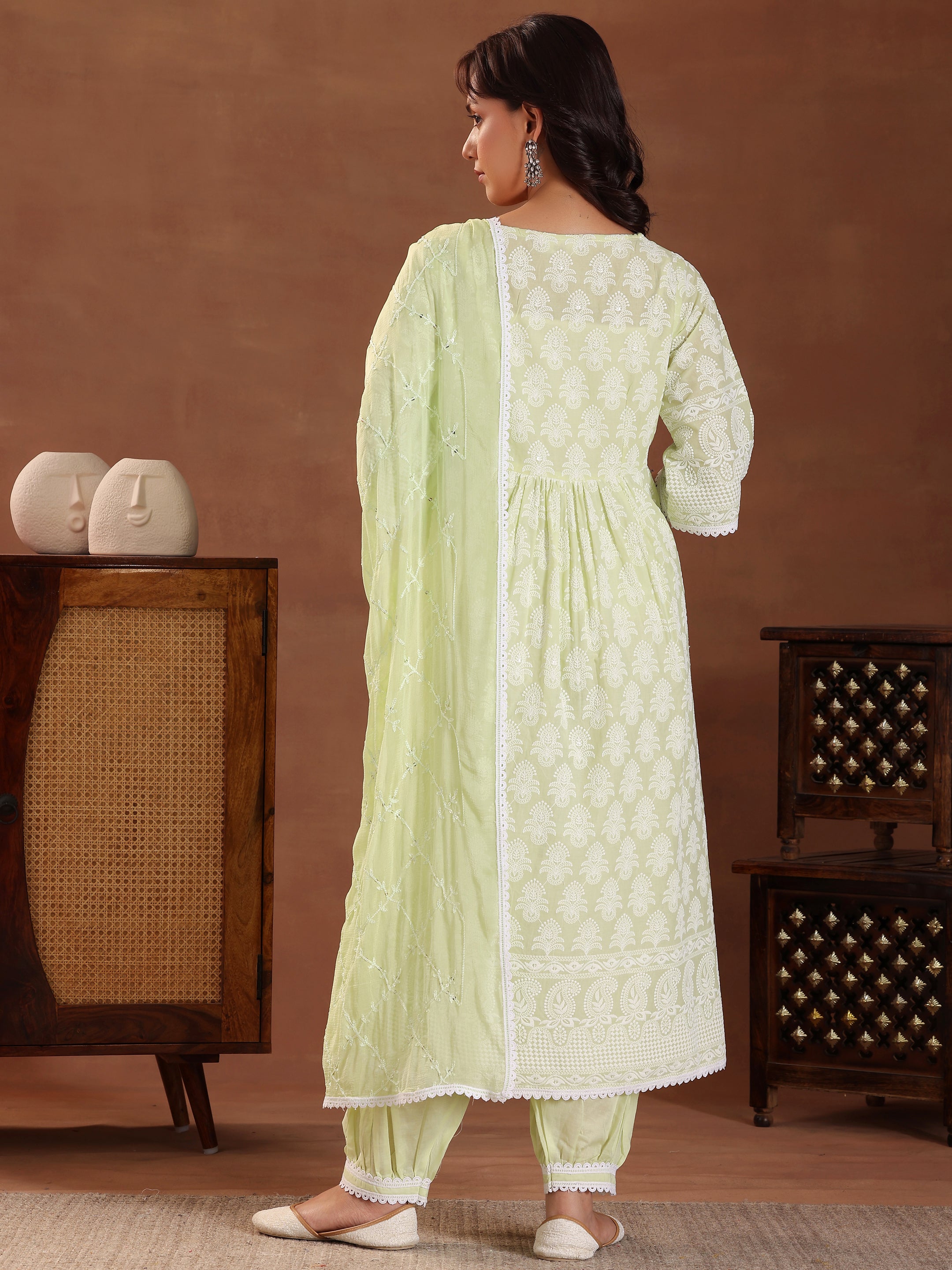 Green Embroidered Pure Cotton A-Line Kurta With Sharara & Dupatta