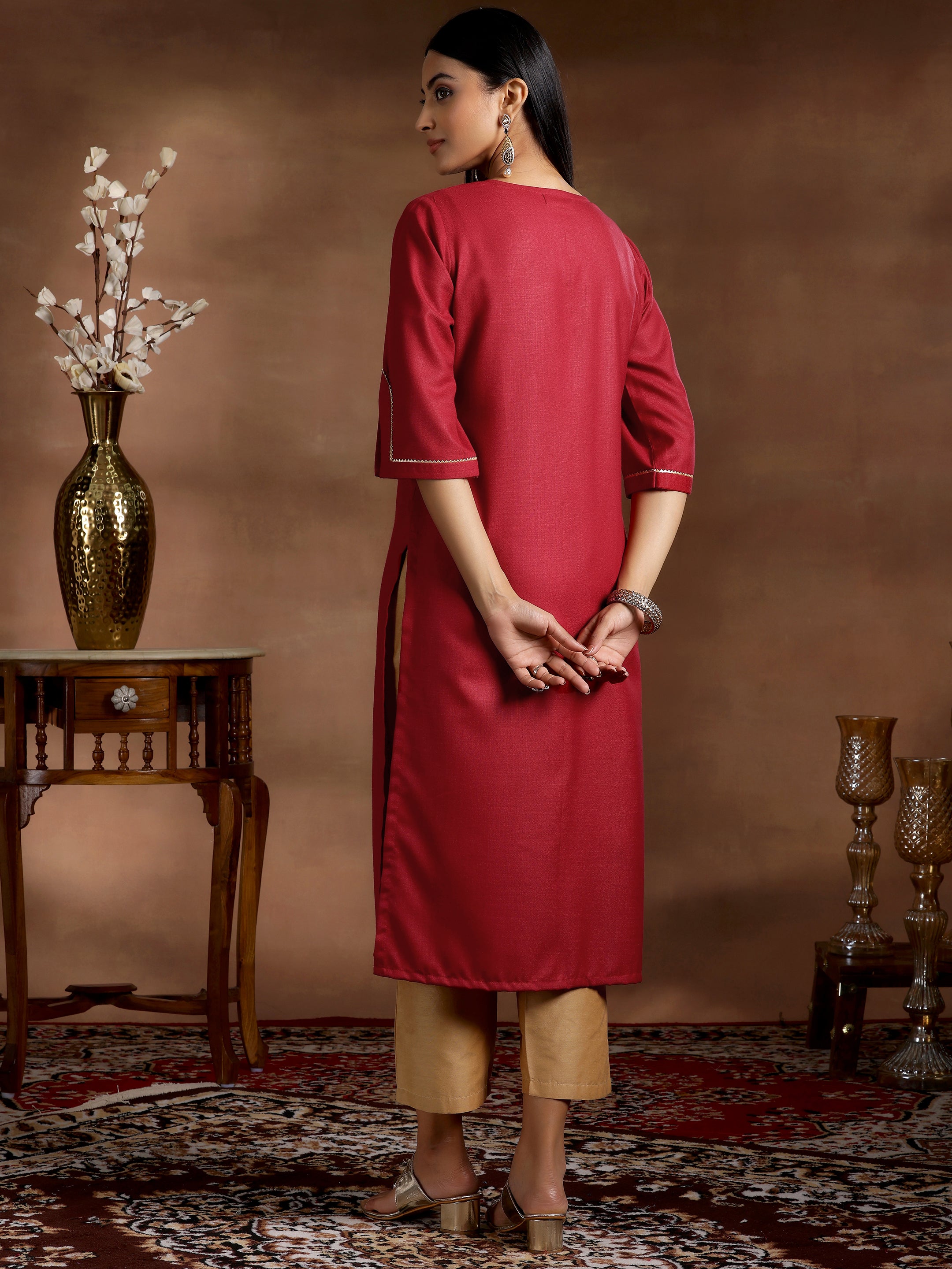 Maroon Solid Silk Straight Kurta