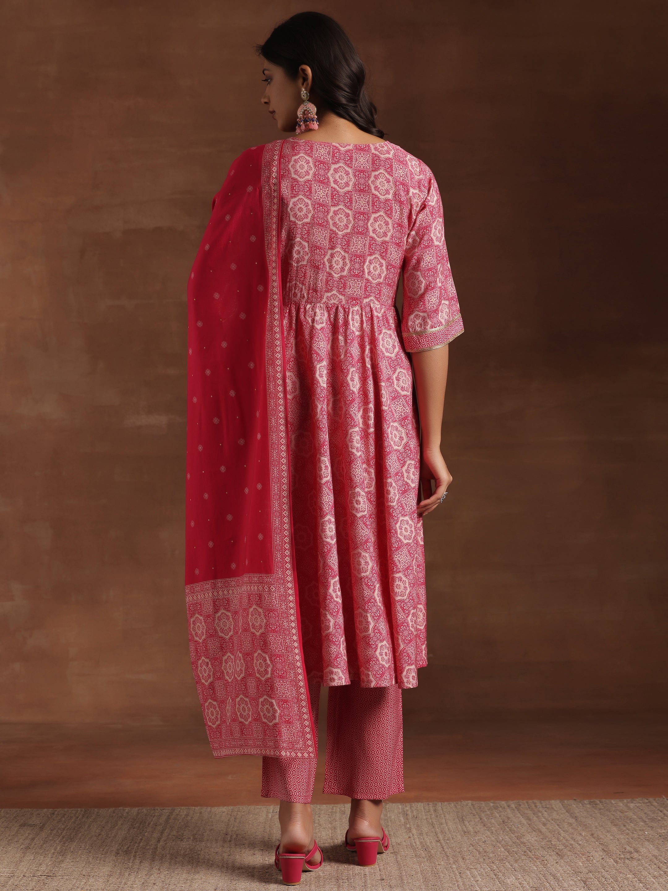 Pink Printed Silk Blend Anarkali Suit With Dupatta