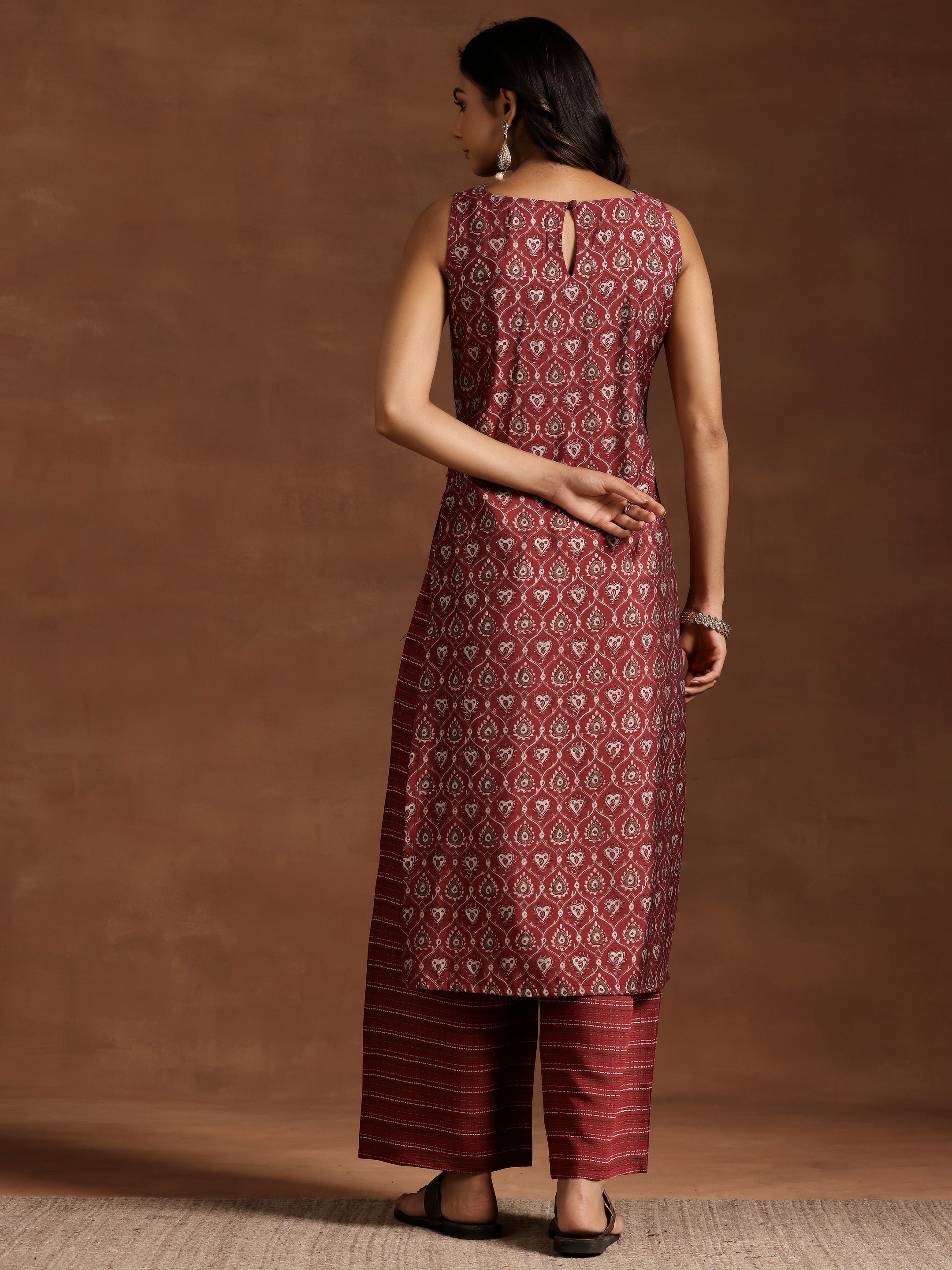 Wine Printed Silk Blend Straight Kurta Set