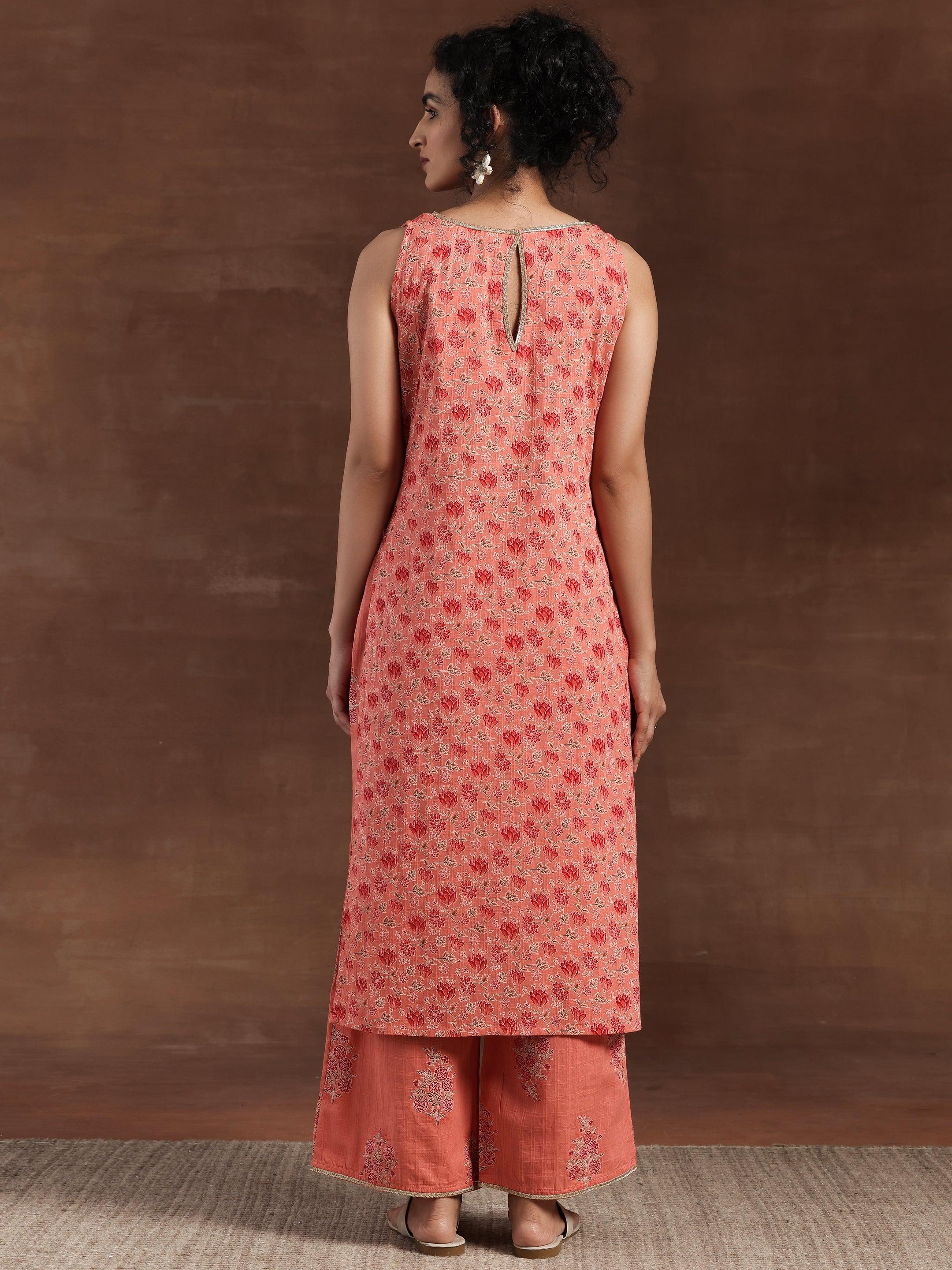 Peach Printed Cotton Straight Kurta Set