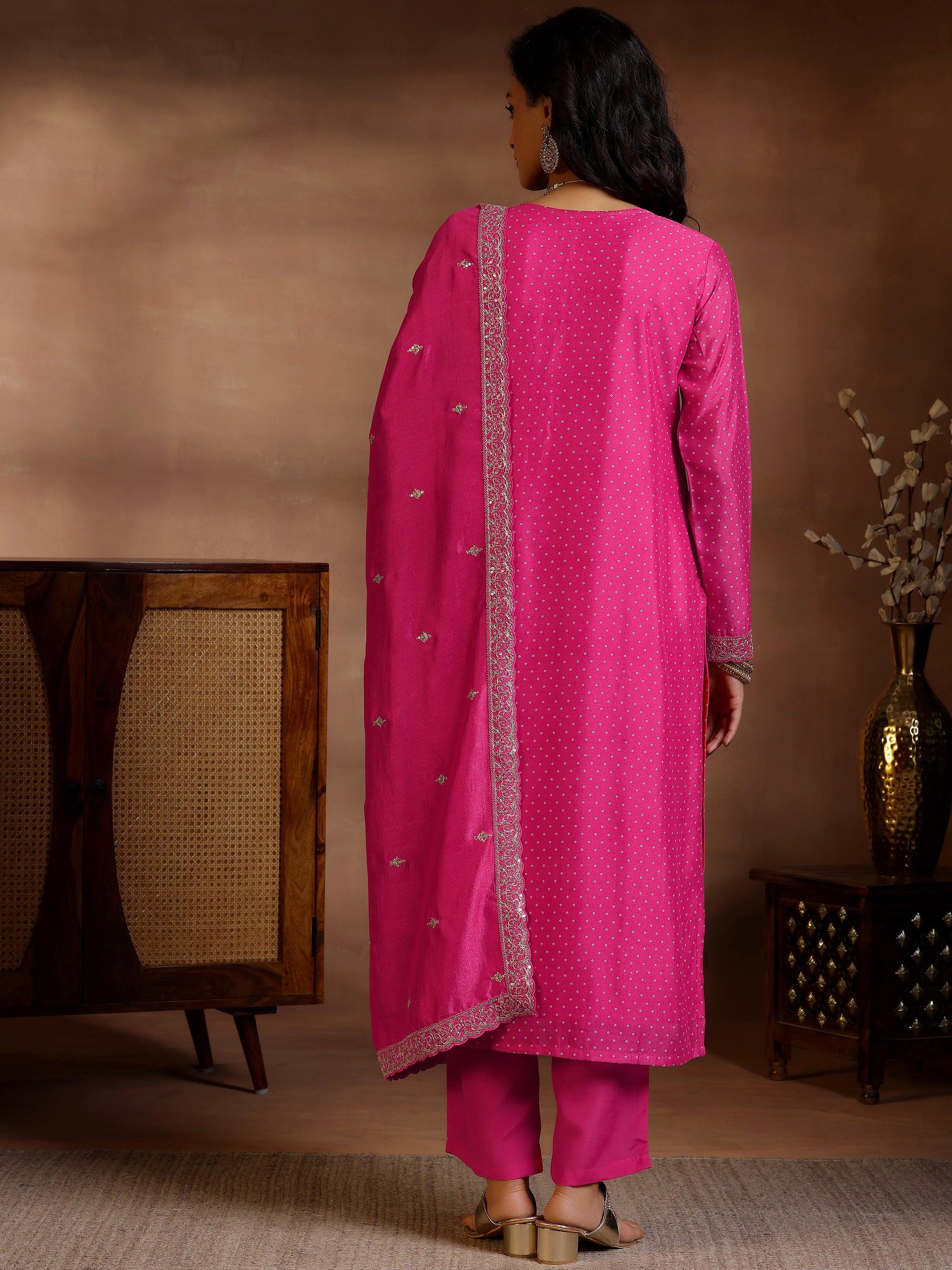 Pink Printed Silk Blend Straight Suit With Dupatta