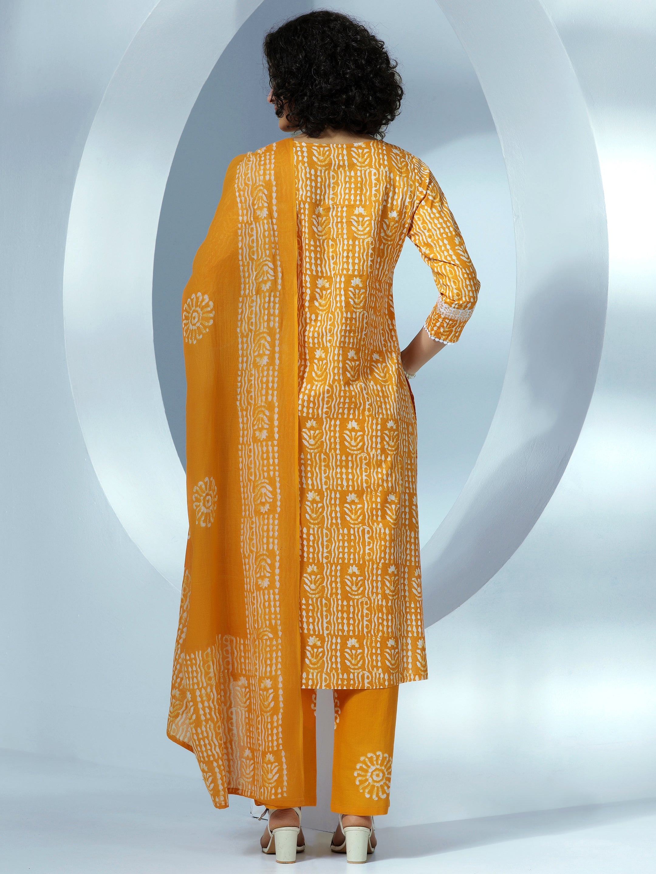 Mustard Printed Cotton Straight Suit With Dupatta