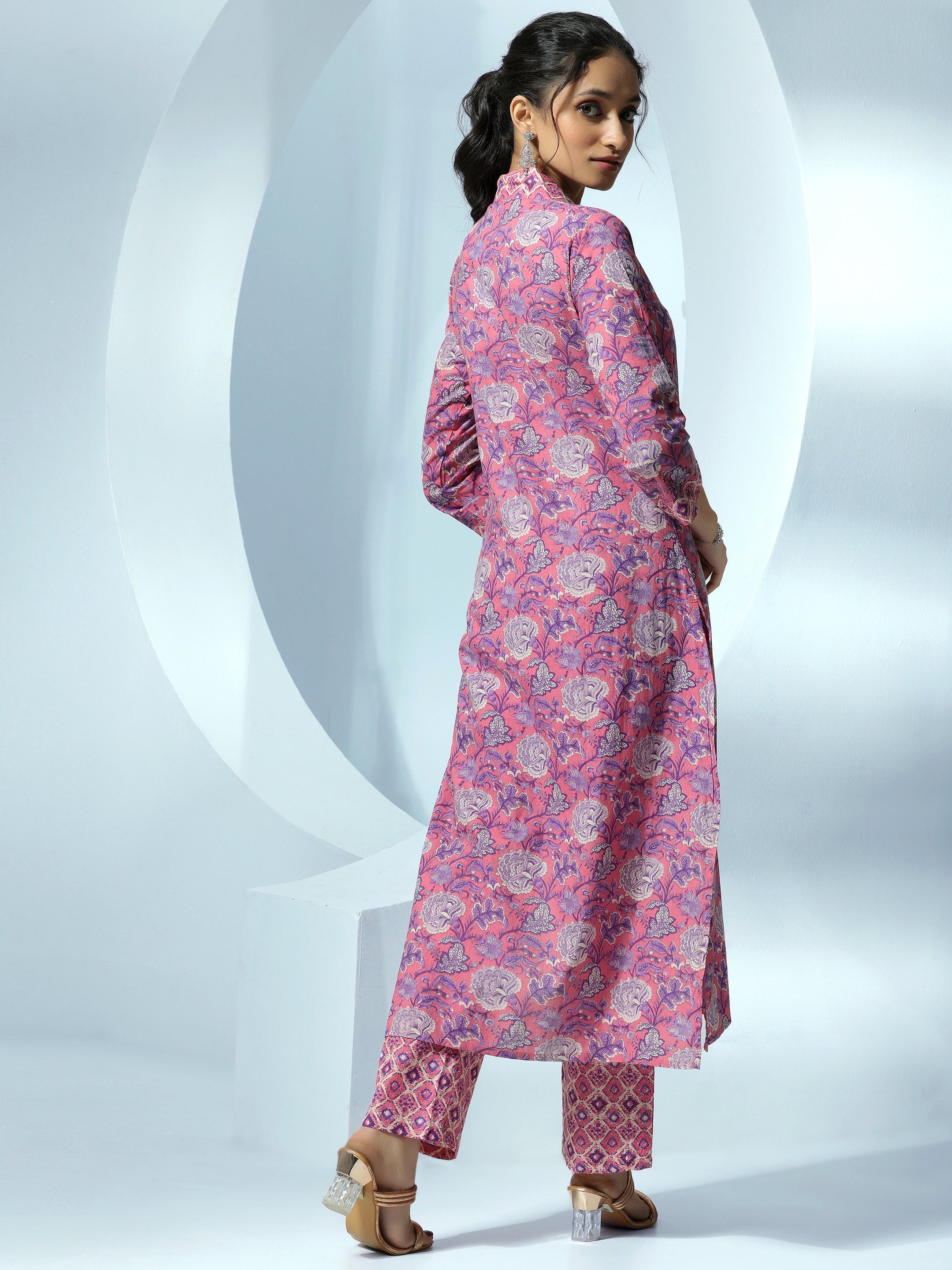 Pink Printed Cotton Straight Kurta Set