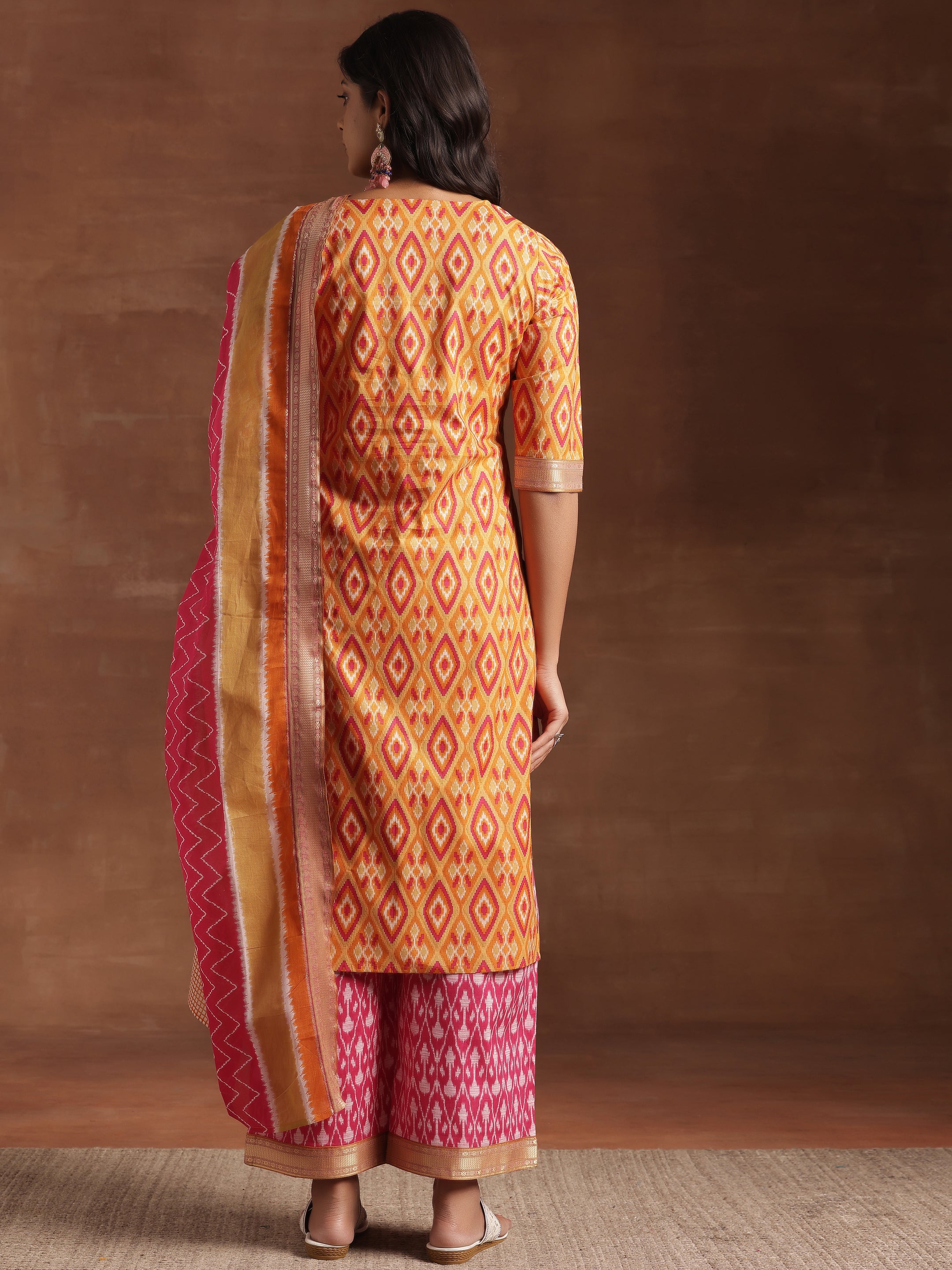 Orange Printed Cotton Straight Suit With Dupatta