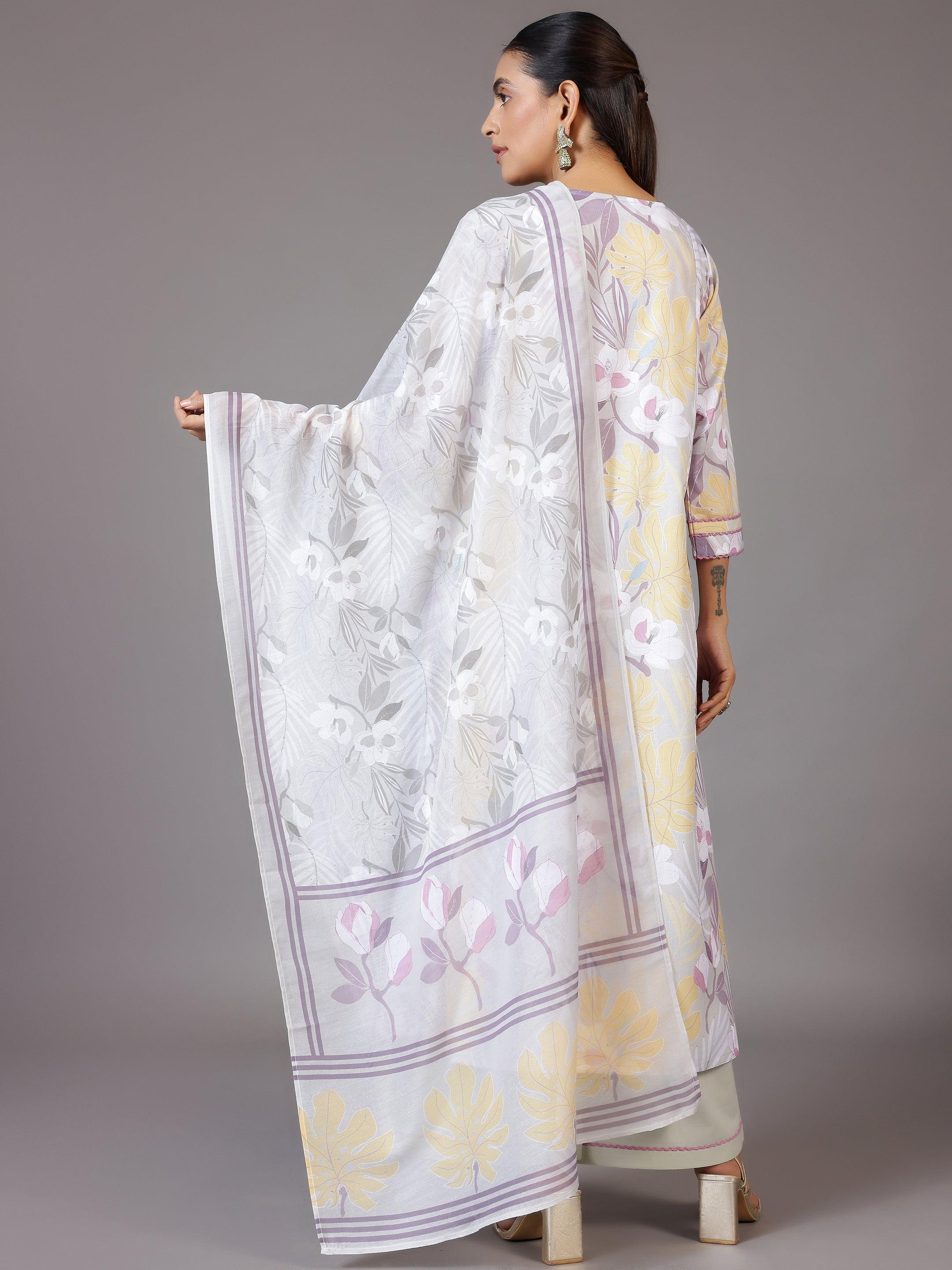 Grey Printed Cotton Blend A-Line Kurta With Palazzos & Dupatta