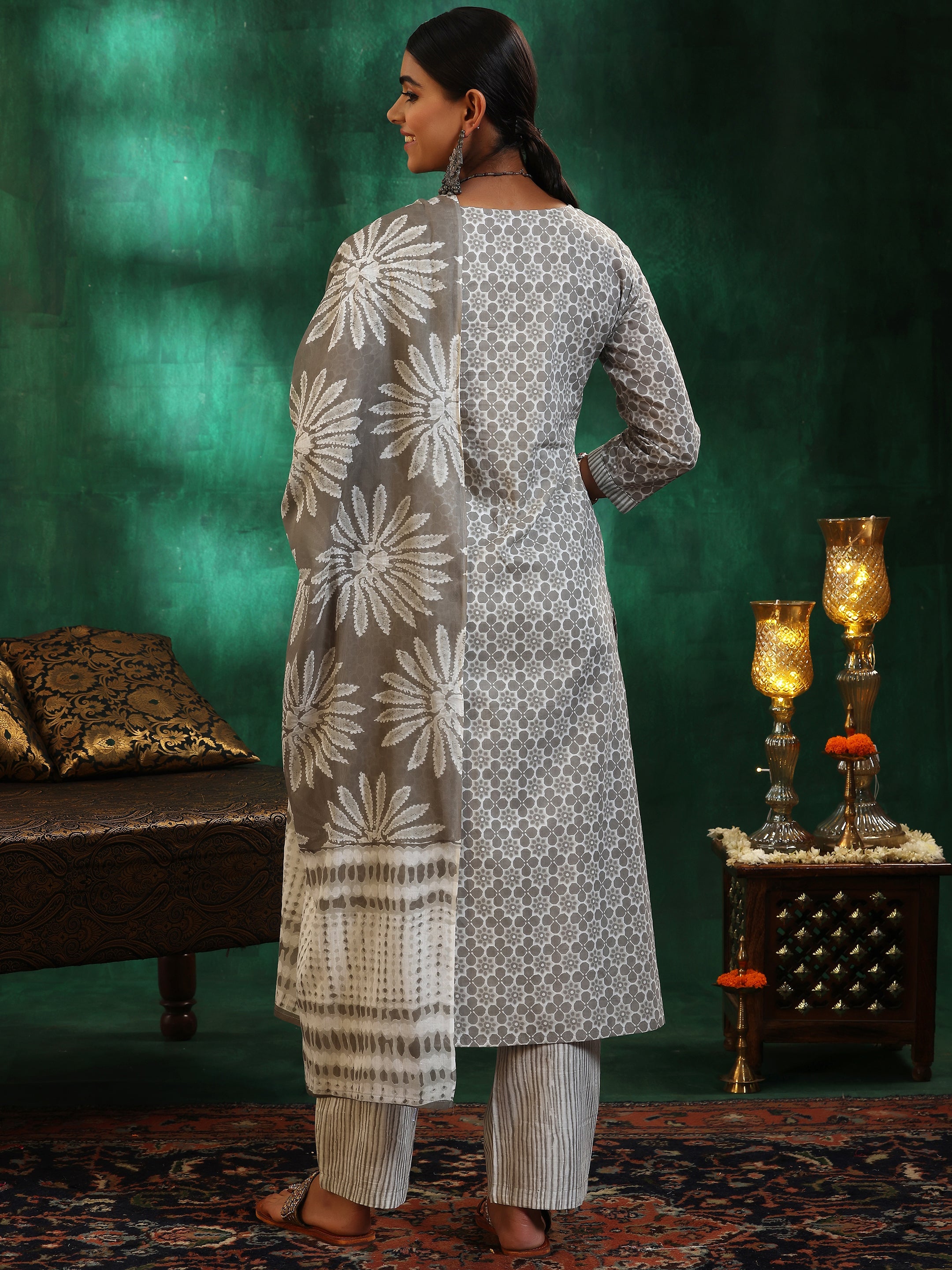 Grey Printed Cotton Straight Suit With Dupatta