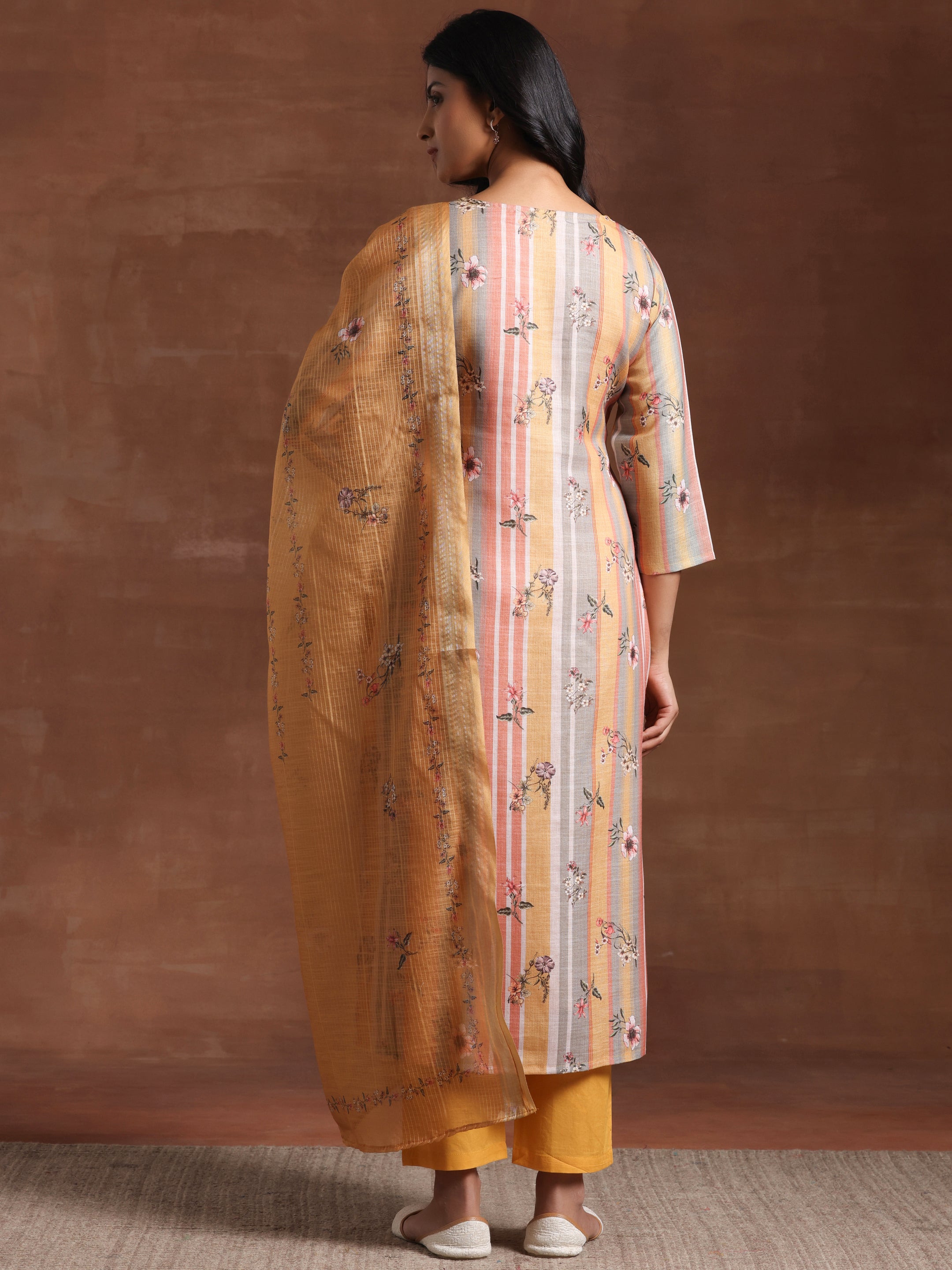 Mustard Striped Cotton Straight Suit With Dupatta