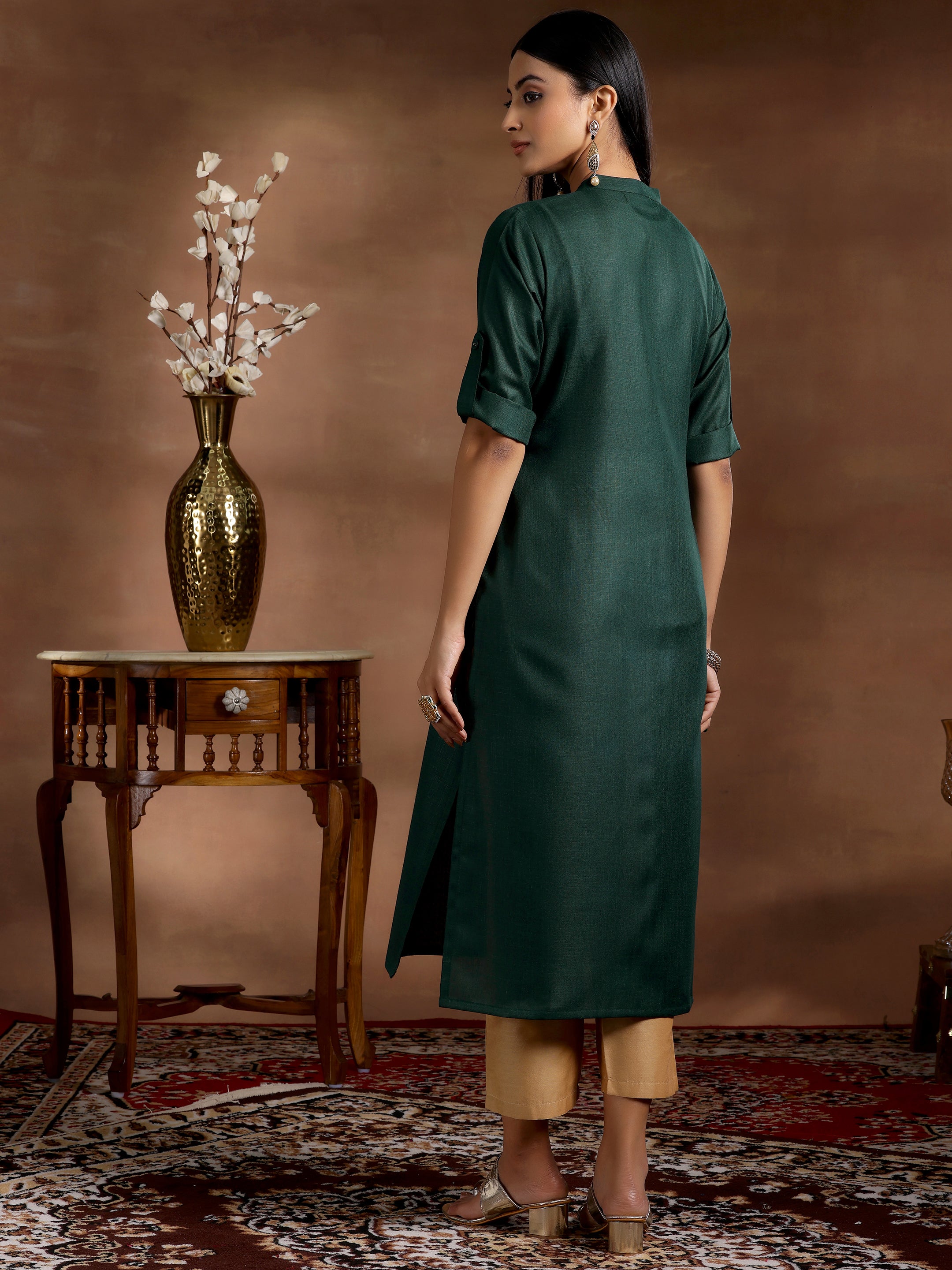 Green Solid Silk Straight Kurta