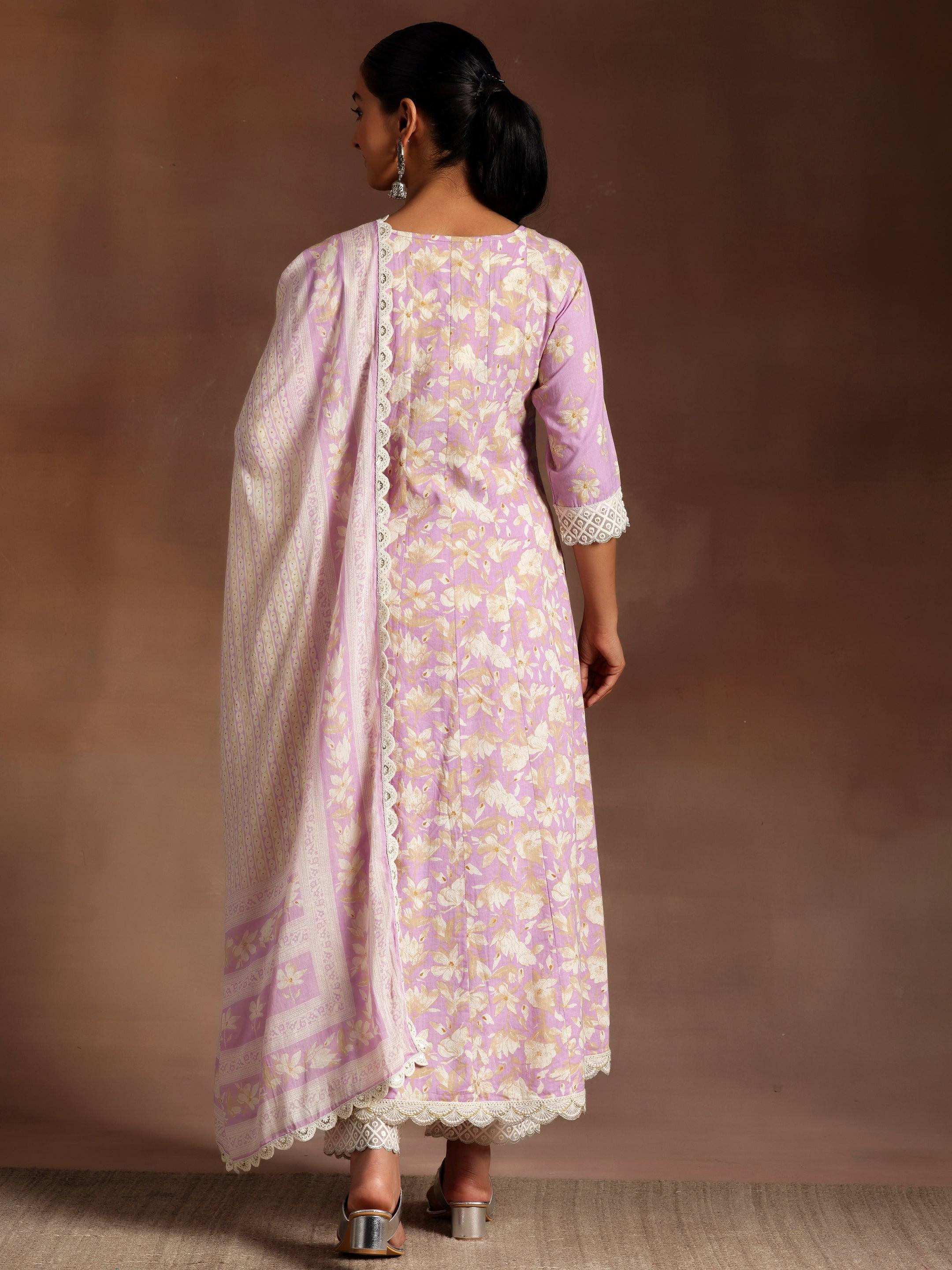 Dilbaro Purple Printed Cotton A-Line Kurta With Trousers & Dupatta