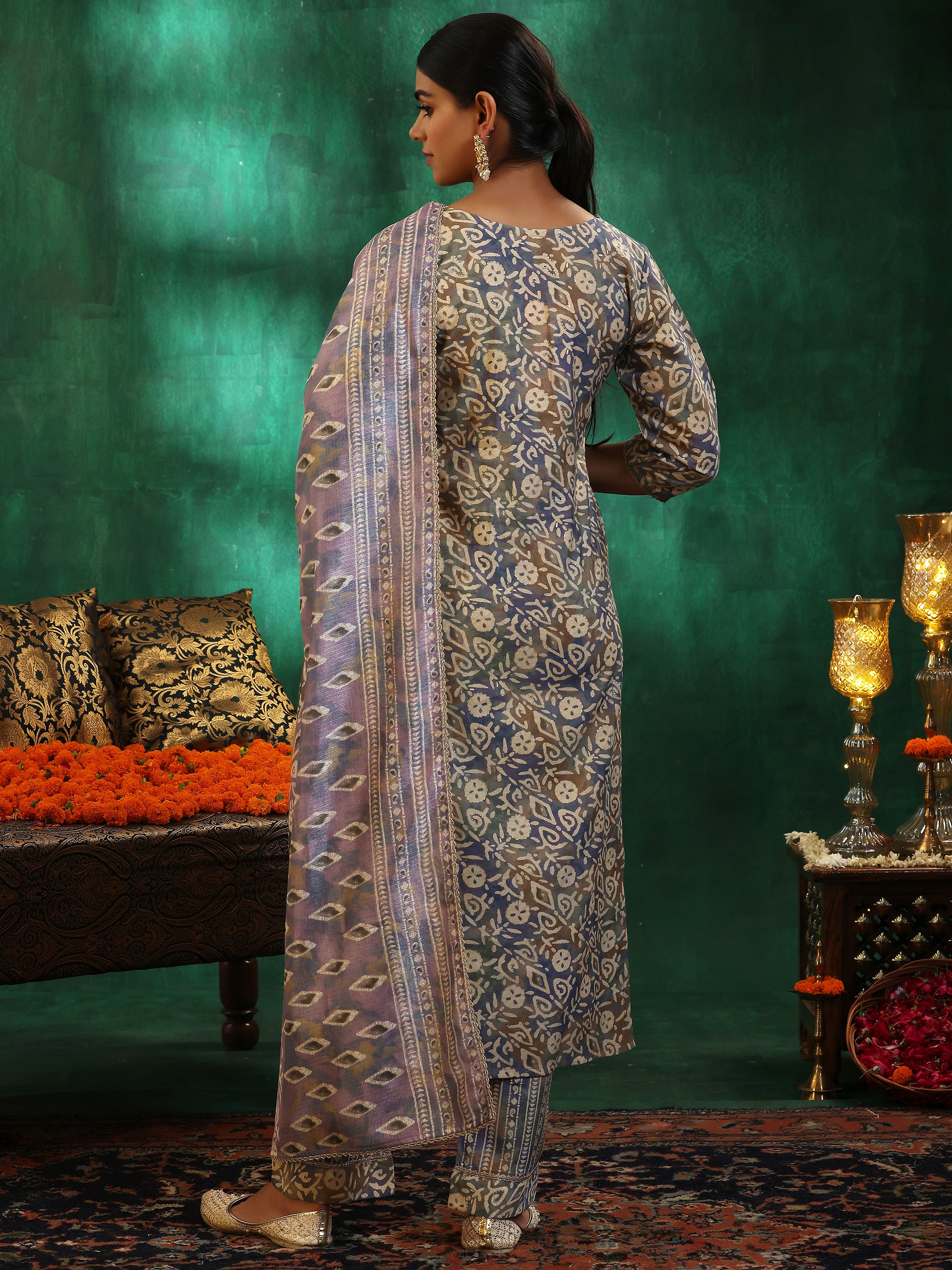 Mauve Printed Silk Blend Straight Suit With Dupatta