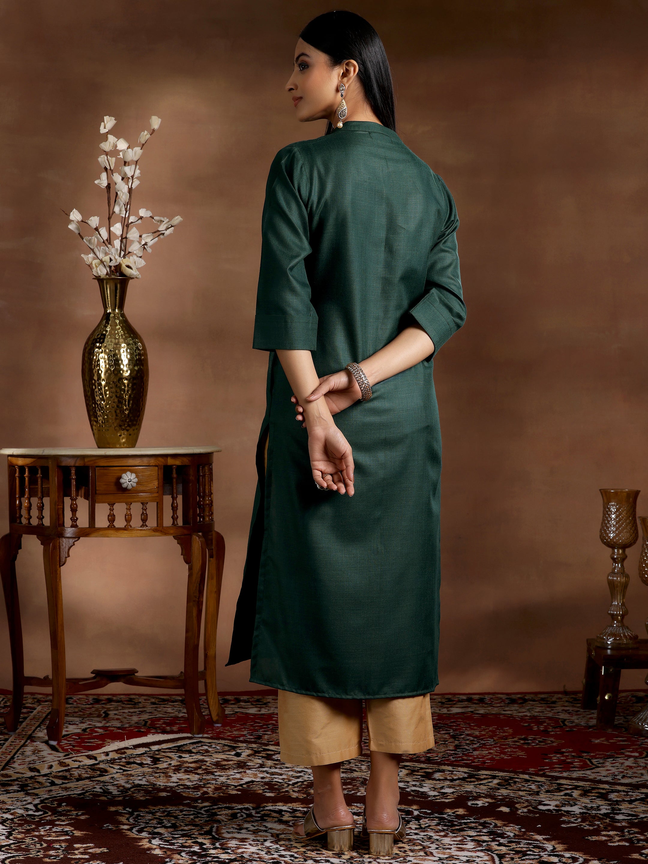 Green Solid Silk Straight Kurta