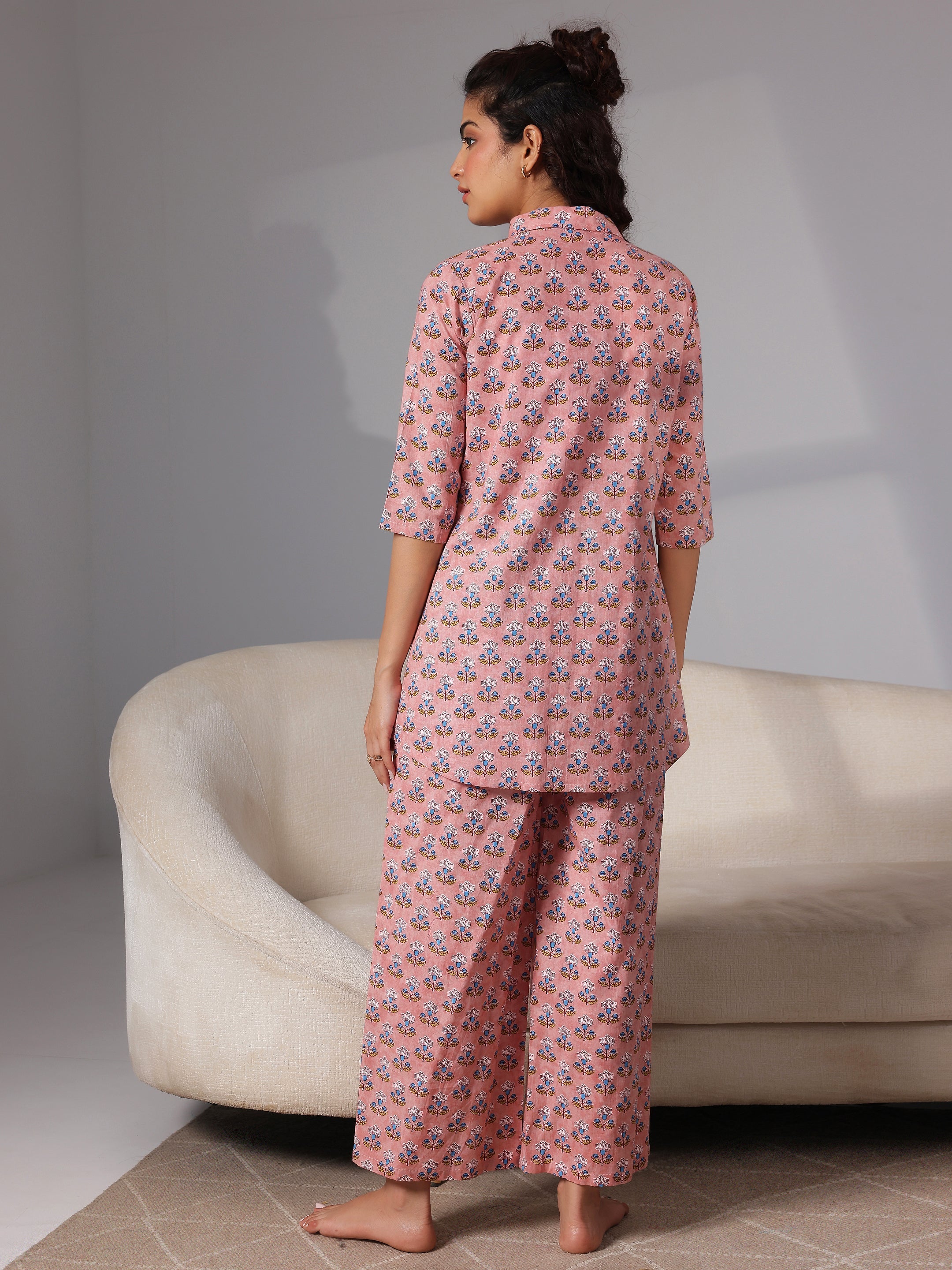 Peach Printed Cotton Night Suits