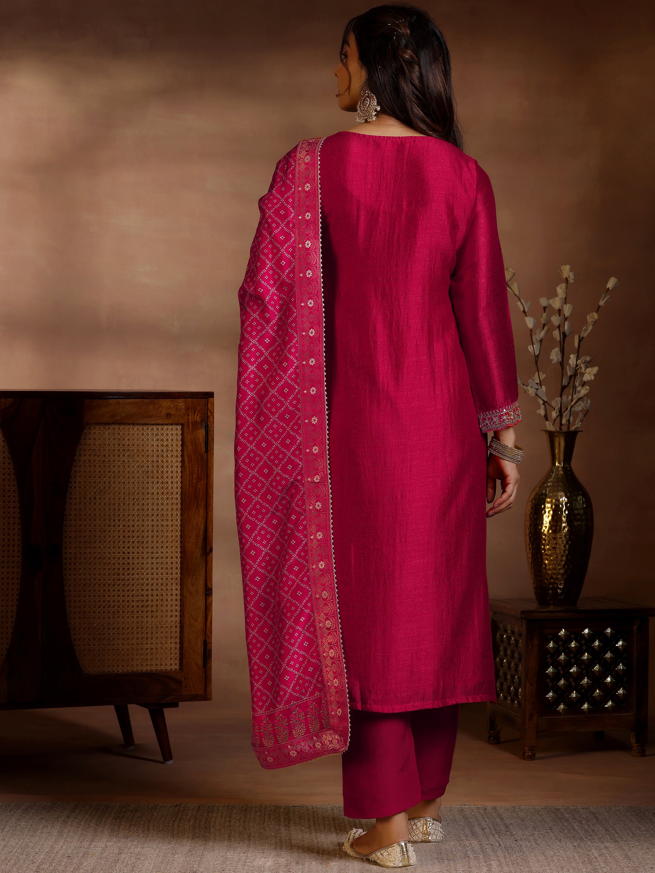 Red Embroidered Silk Blend Straight Suits With Dupatta