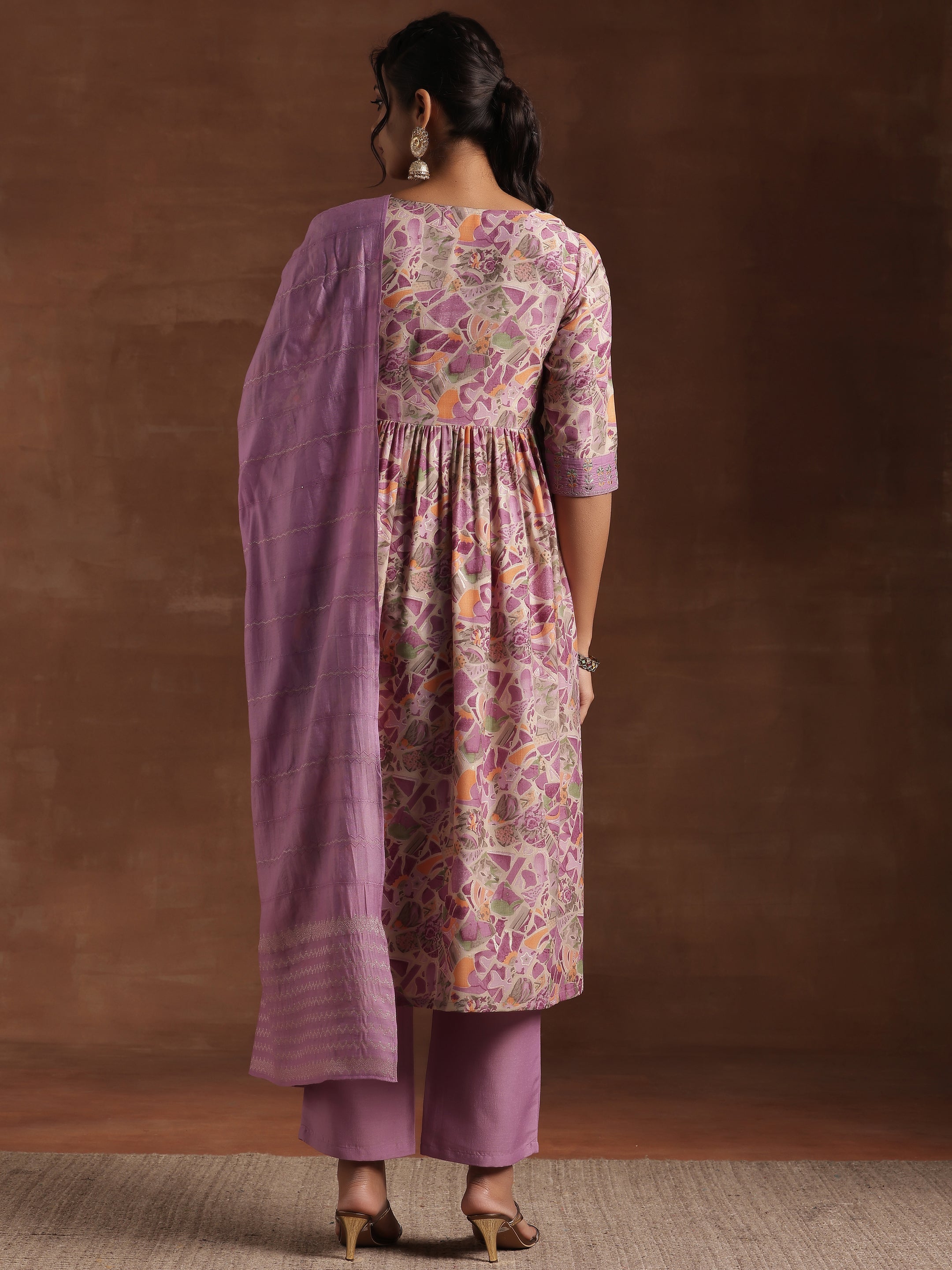 Purple Printed Silk Blend A-Line Kurta With Trousers & Dupatta