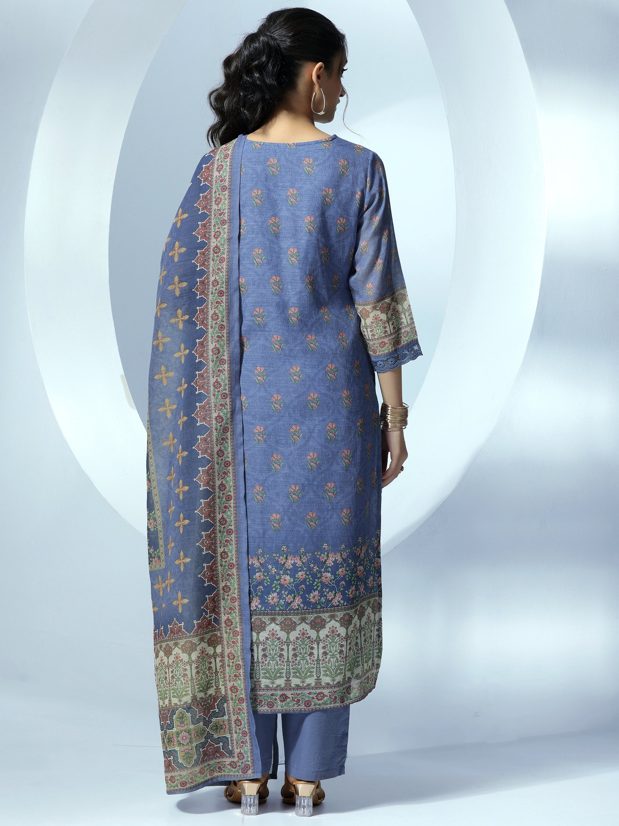 Blue Printed Linen Straight Suit With Dupatta