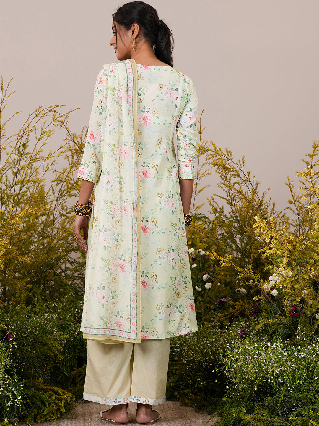 Yellow Printed Cotton Blend A-Line Kurta With Palazzos & Dupatta