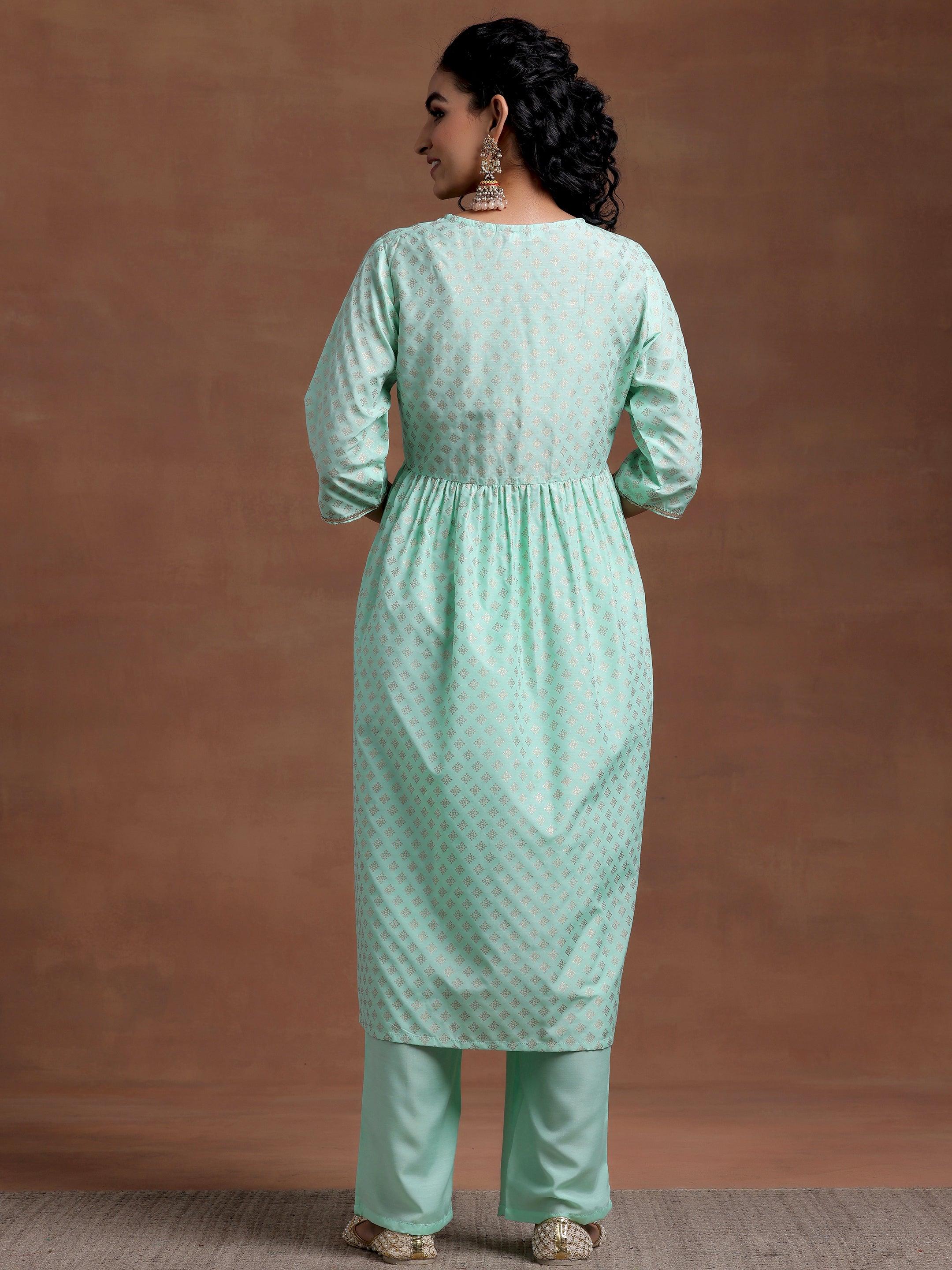 Green Woven Design Silk Blend A-Line Kurta With Trousers