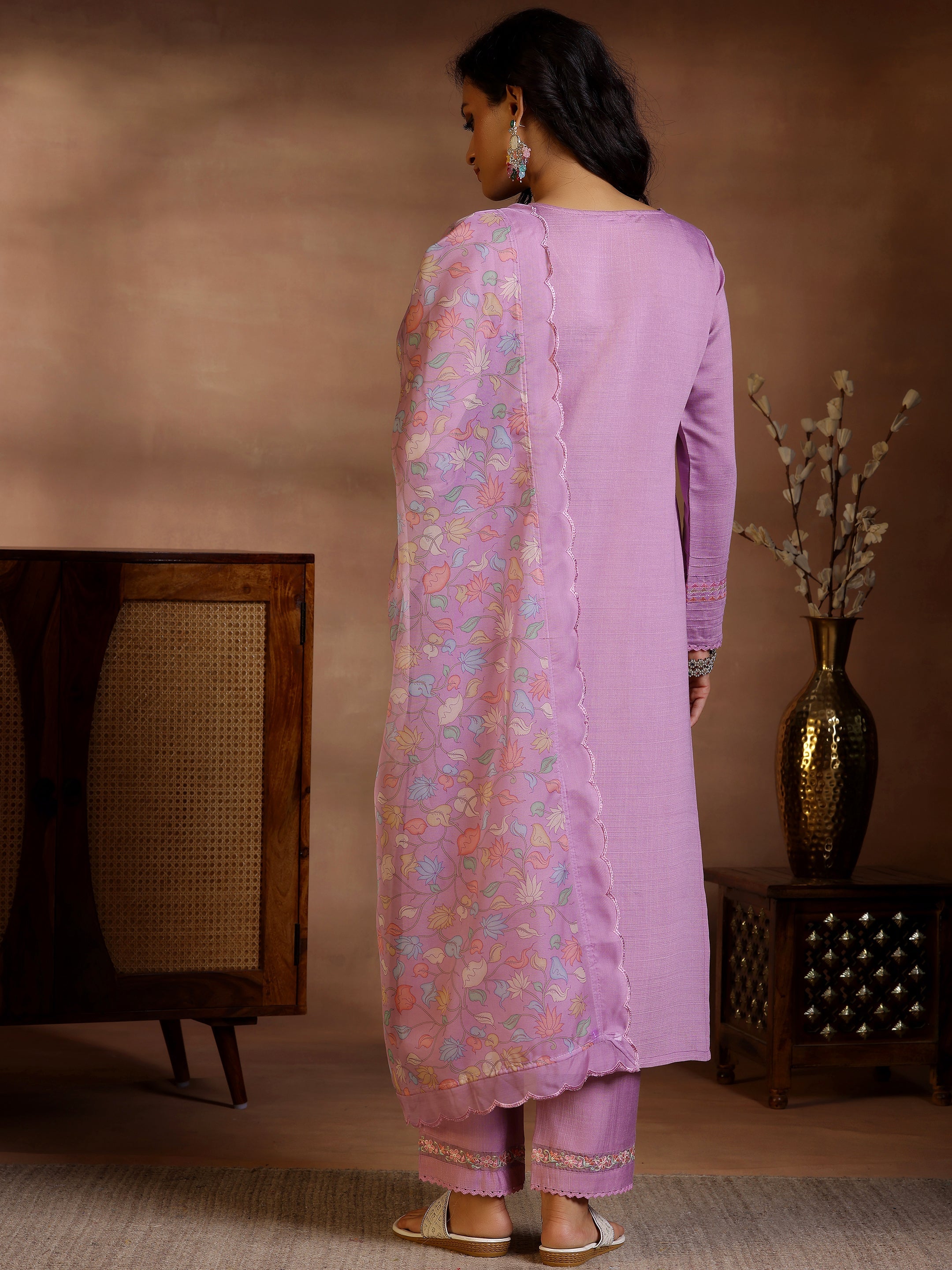 Lavender Yoke Design Silk Blend Straight Suits With Dupatta