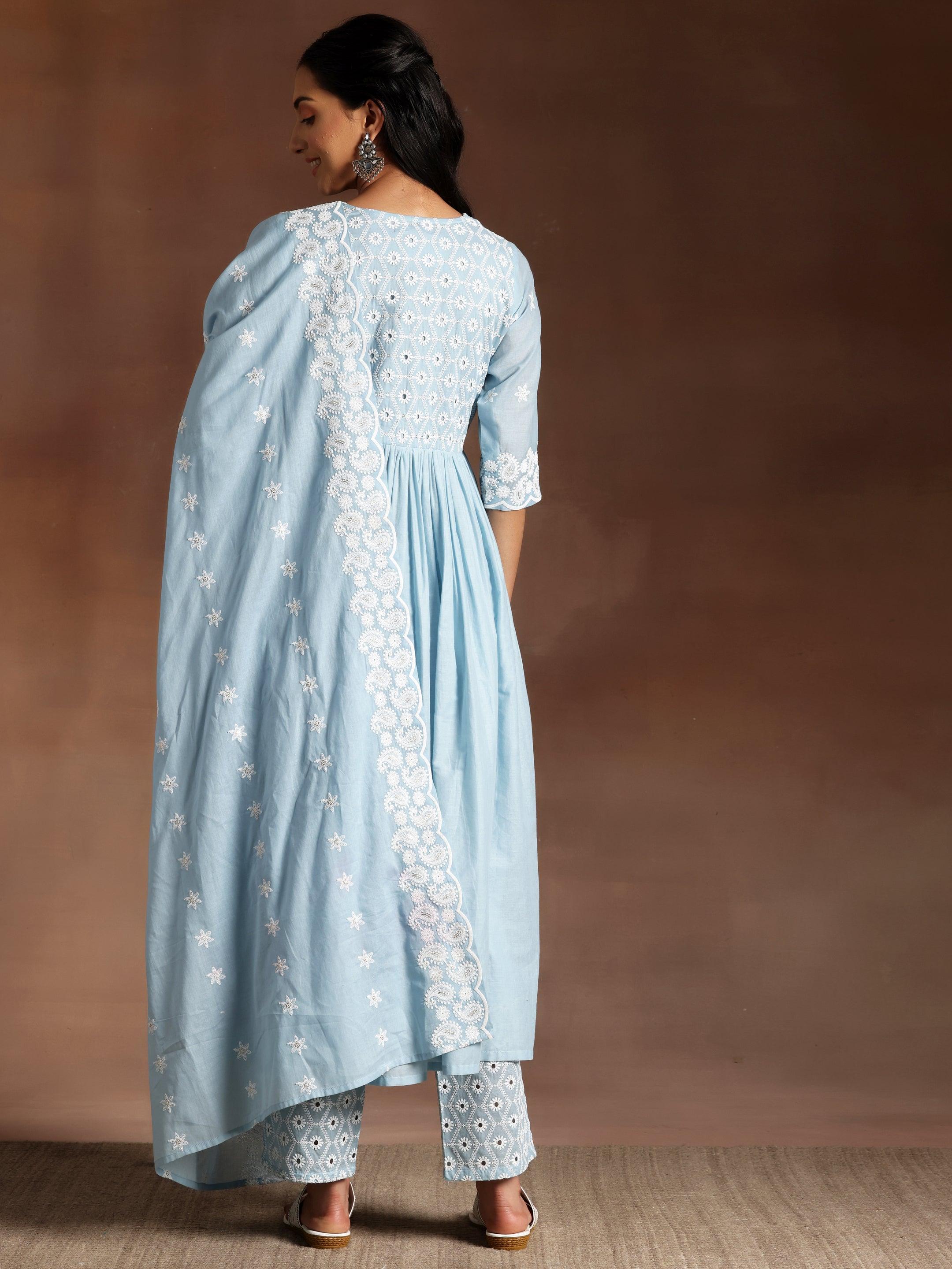 Blue Embroidered Cotton A-Line Kurta With Palazzos & Dupatta