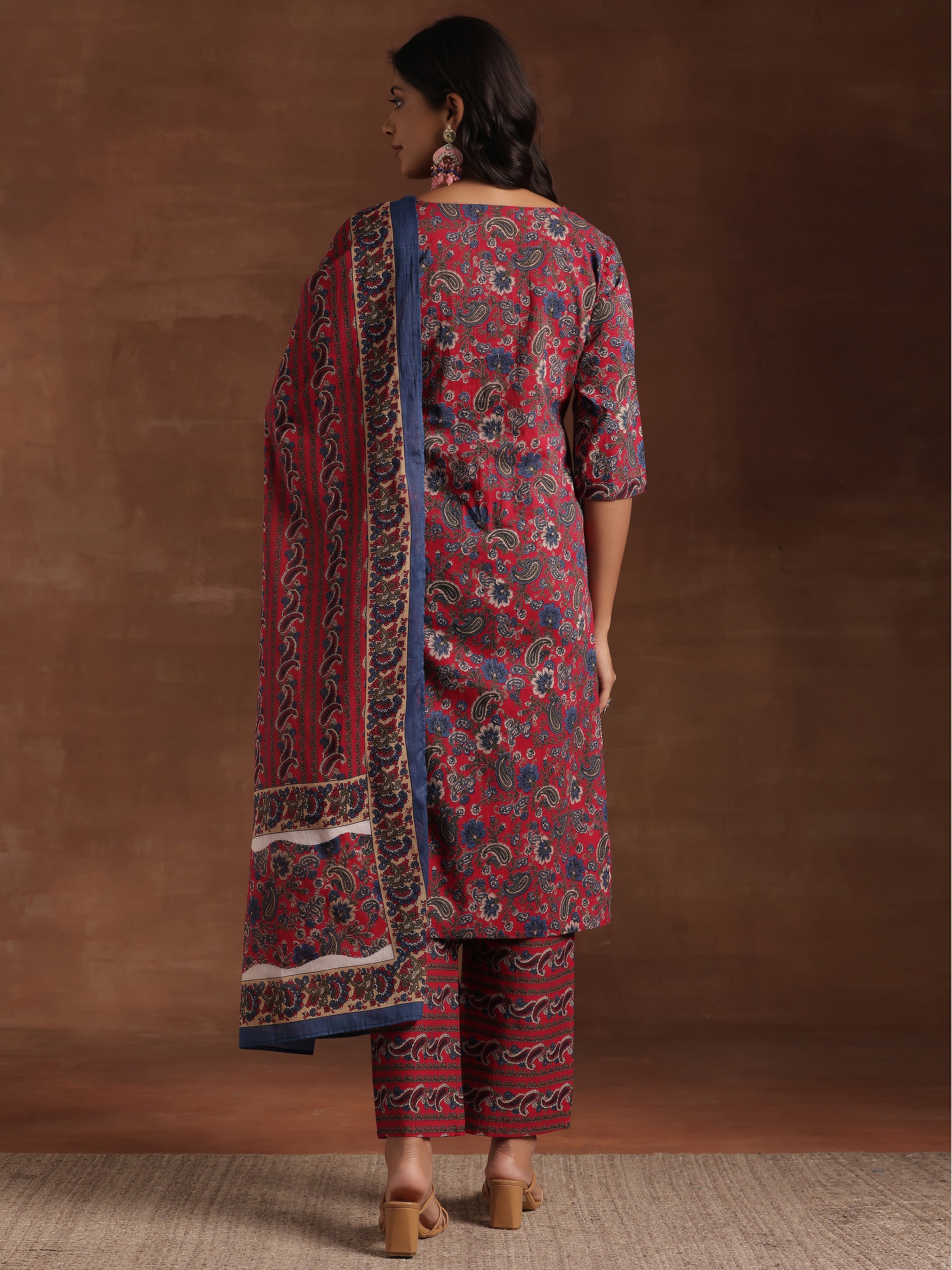 Red Printed Cotton Straight Suit With Dupatta