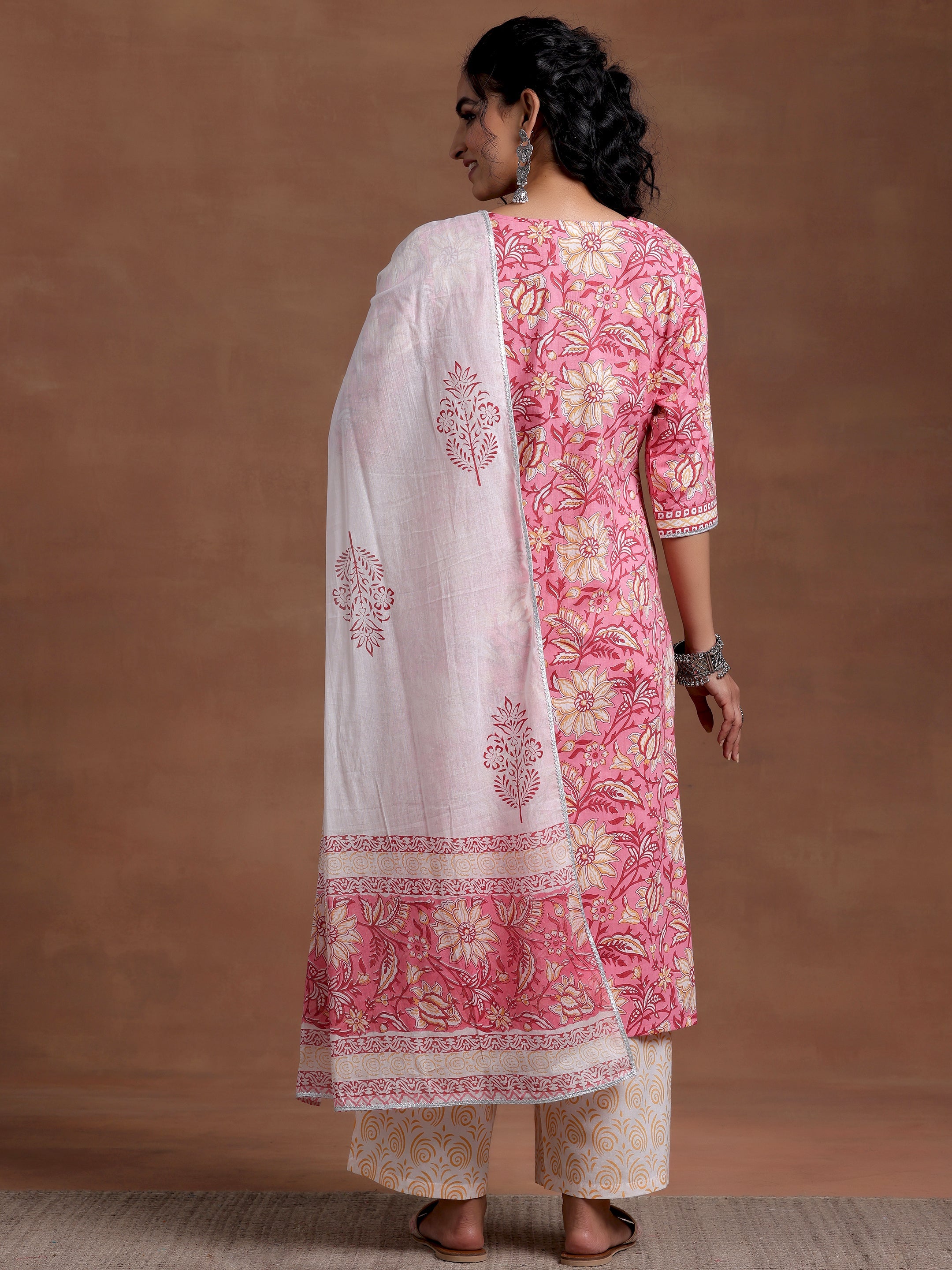 Pink Printed Cotton Straight Suit With Dupatta