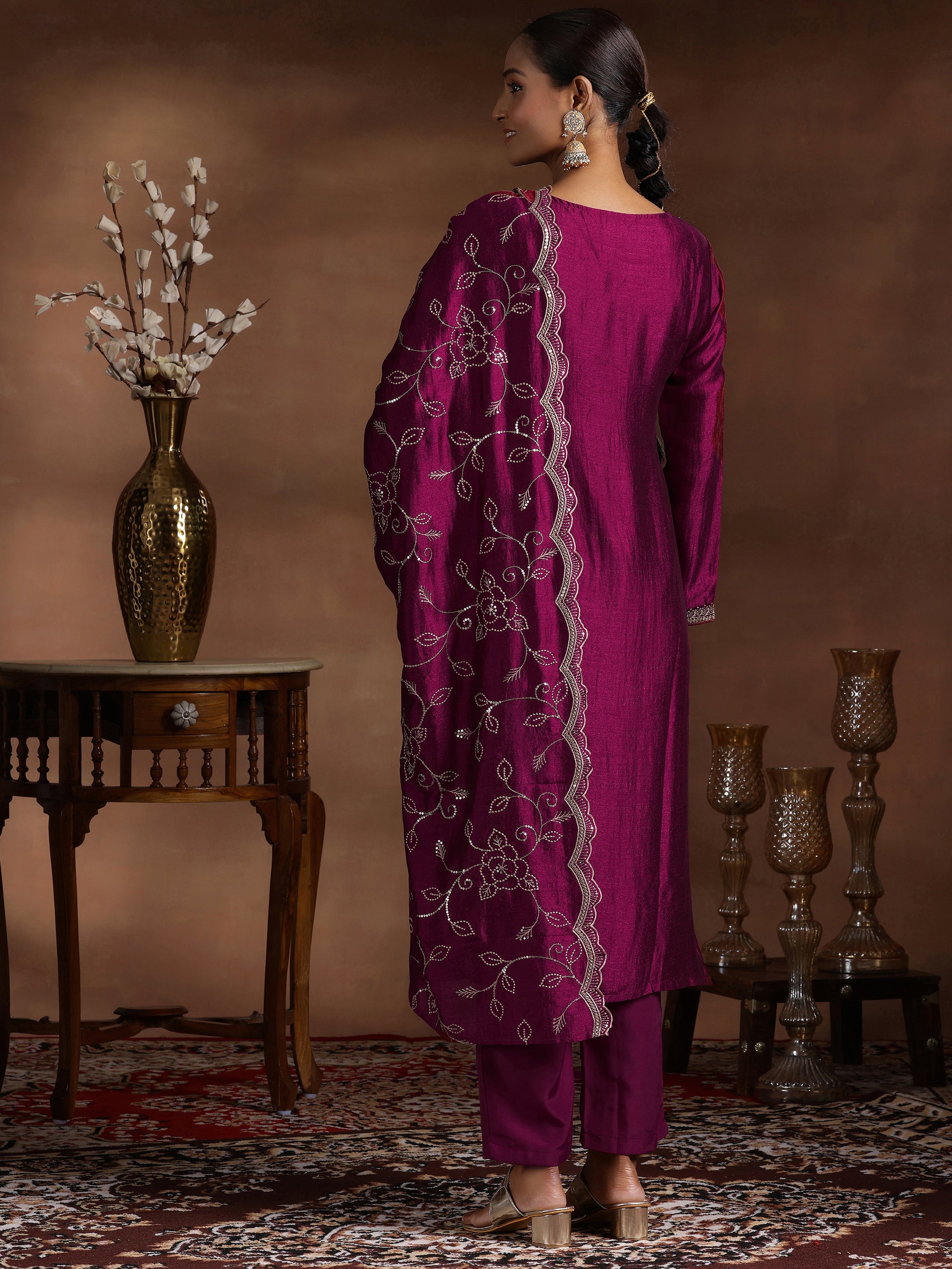 Wine Embroidered Silk Blend Straight Suit With Dupatta