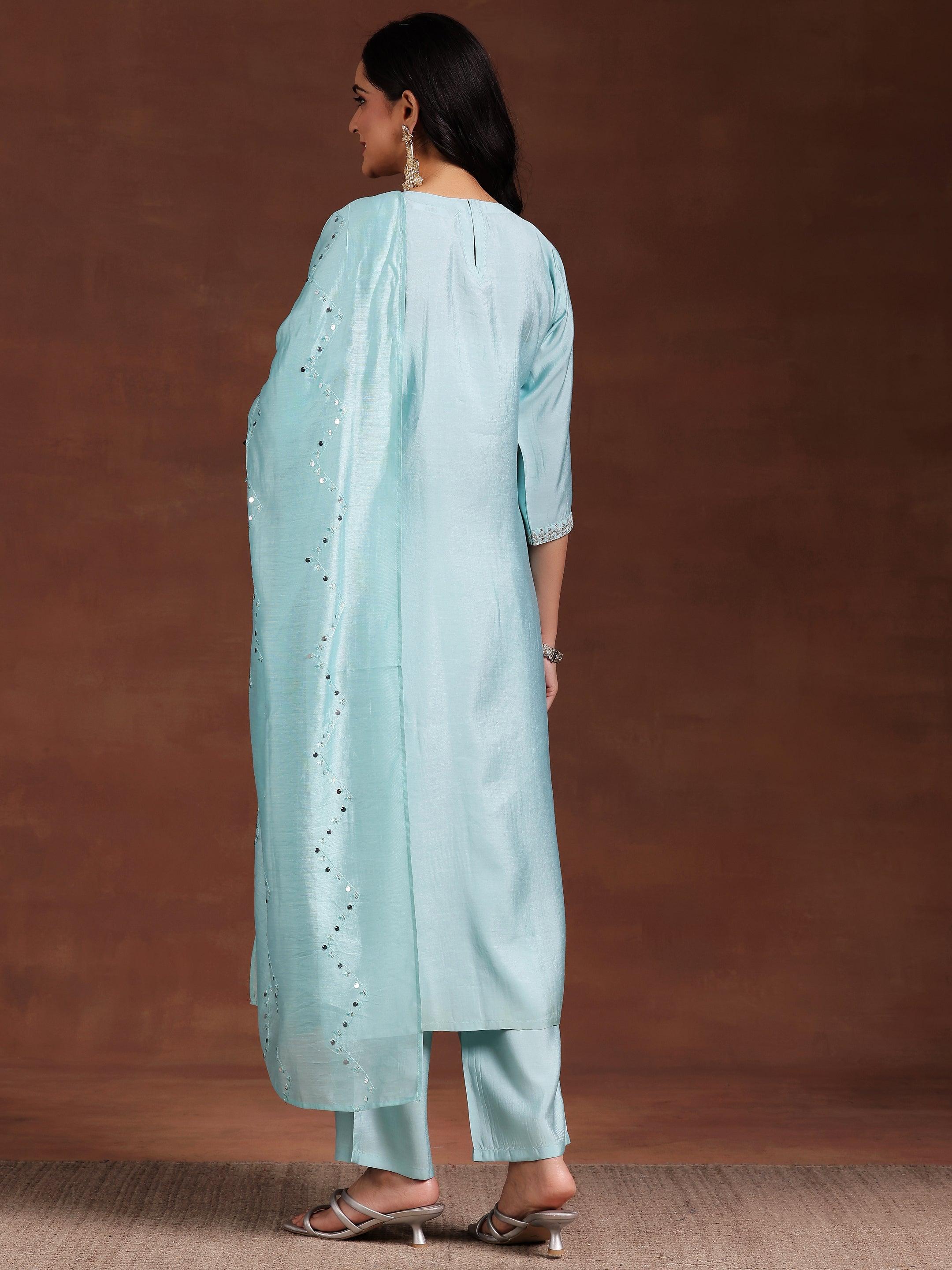 Blue Yoke Design Silk Blend Straight Suit With Dupatta