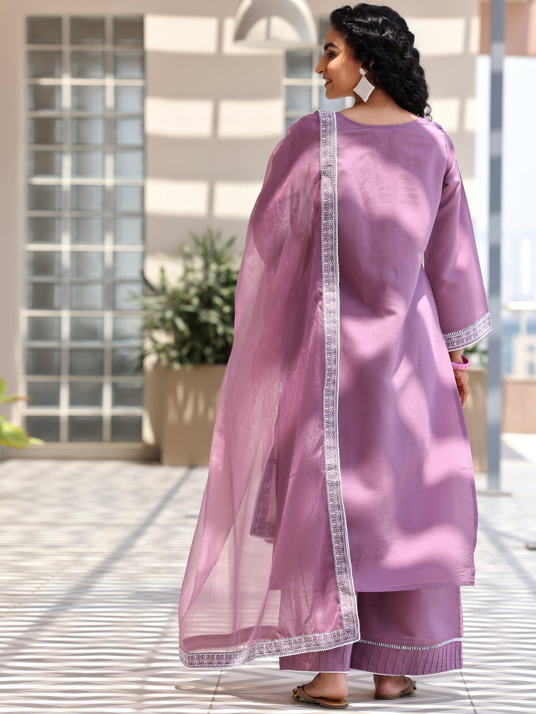 Mauve Embroidered Silk Blend Straight Suit With Dupatta