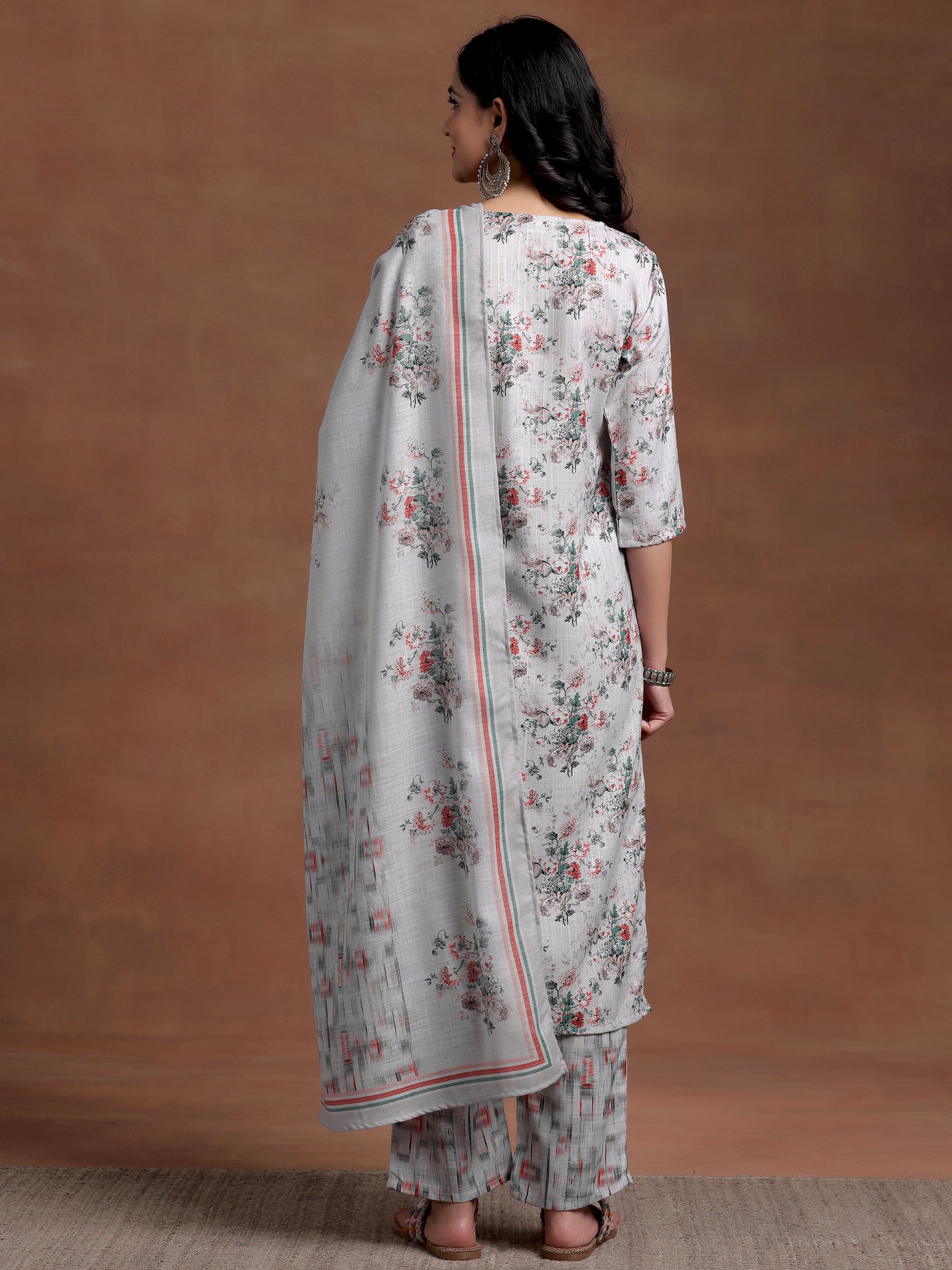 Grey Printed Cotton Straight Suit With Dupatta