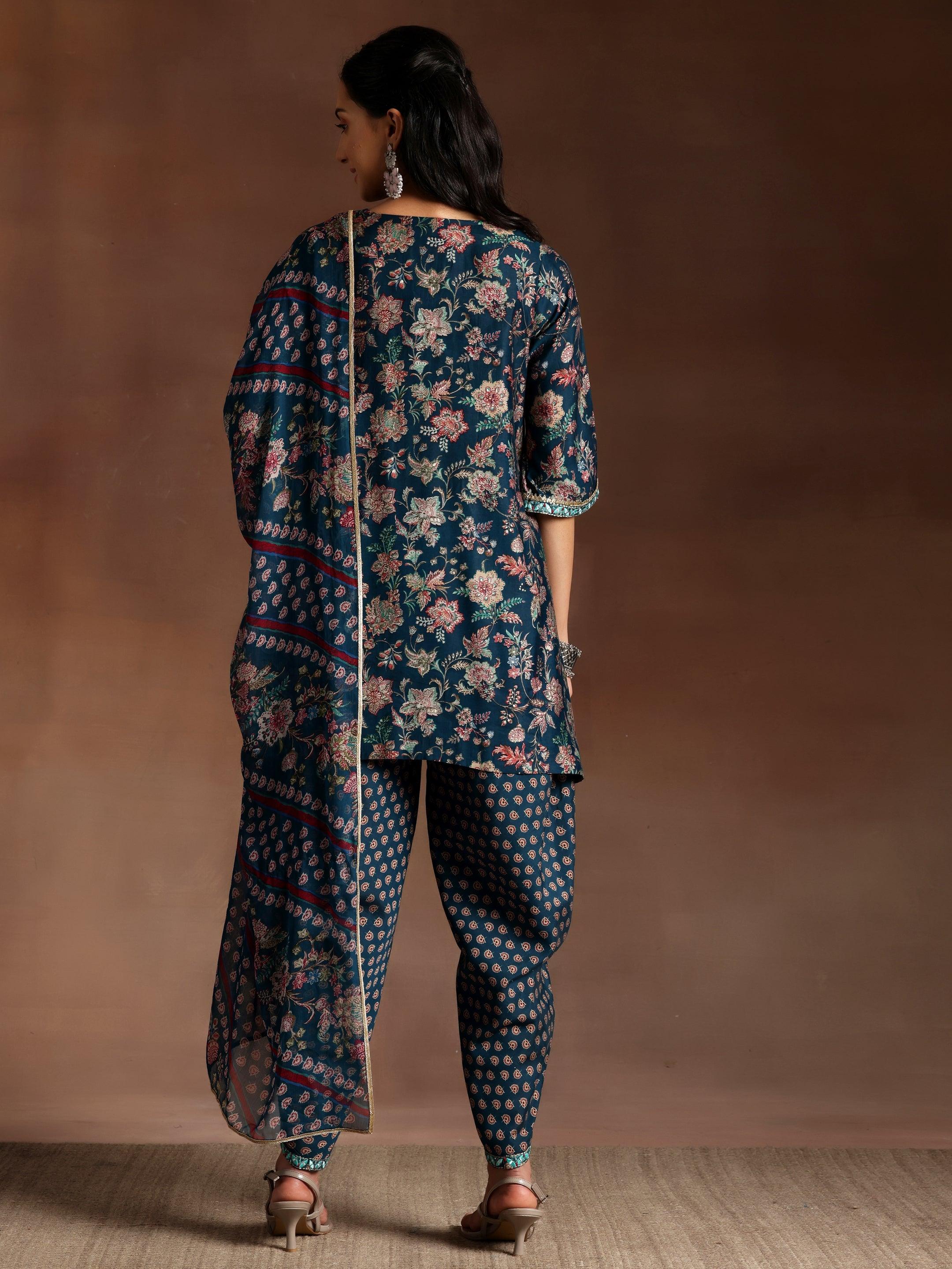 Blue Printed Silk Blend Straight Suit With Dupatta