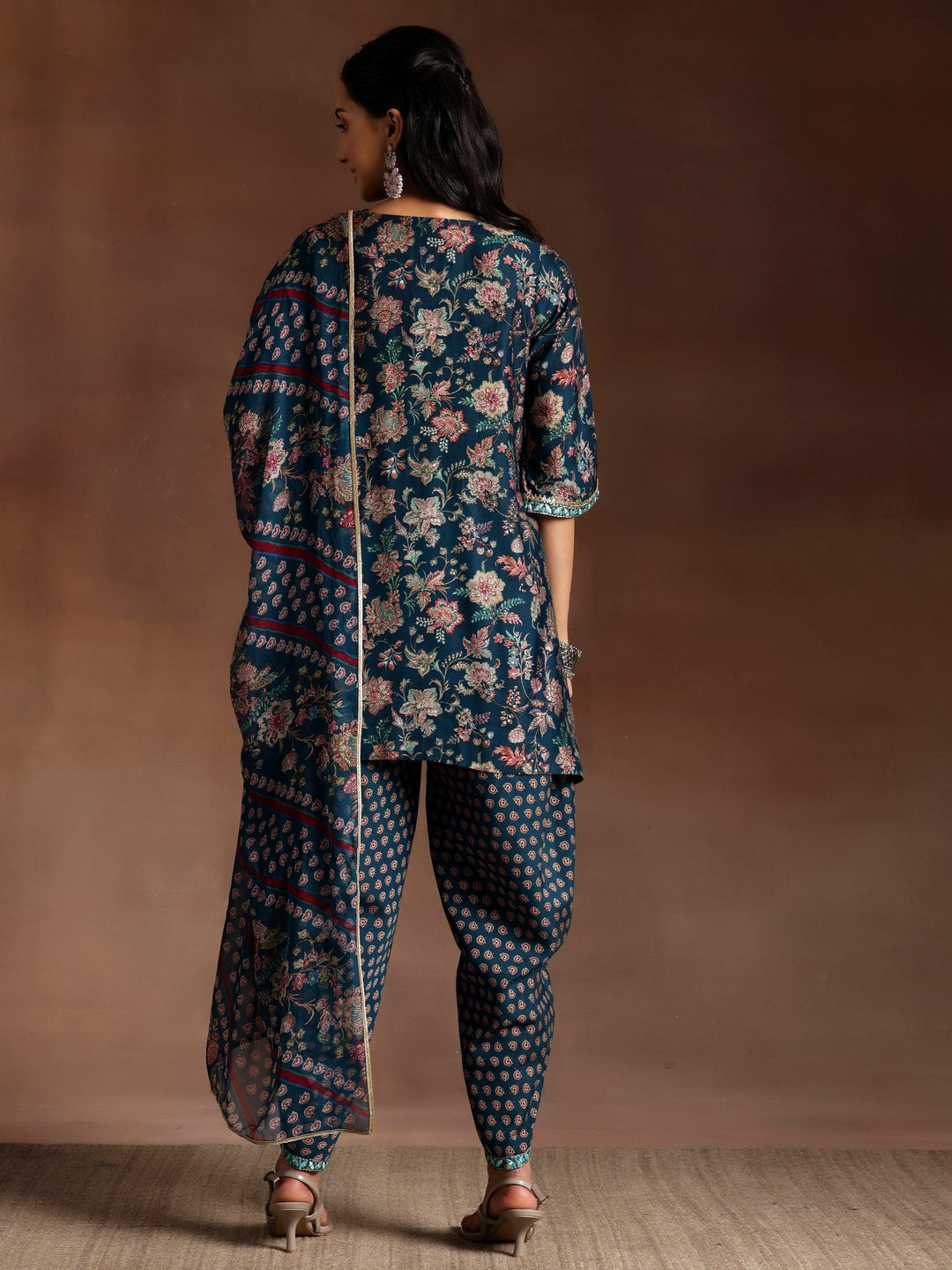 Siah Blue Printed Silk Blend Straight Kurta With Dhoti Pants & Dupatta - ShopLibas