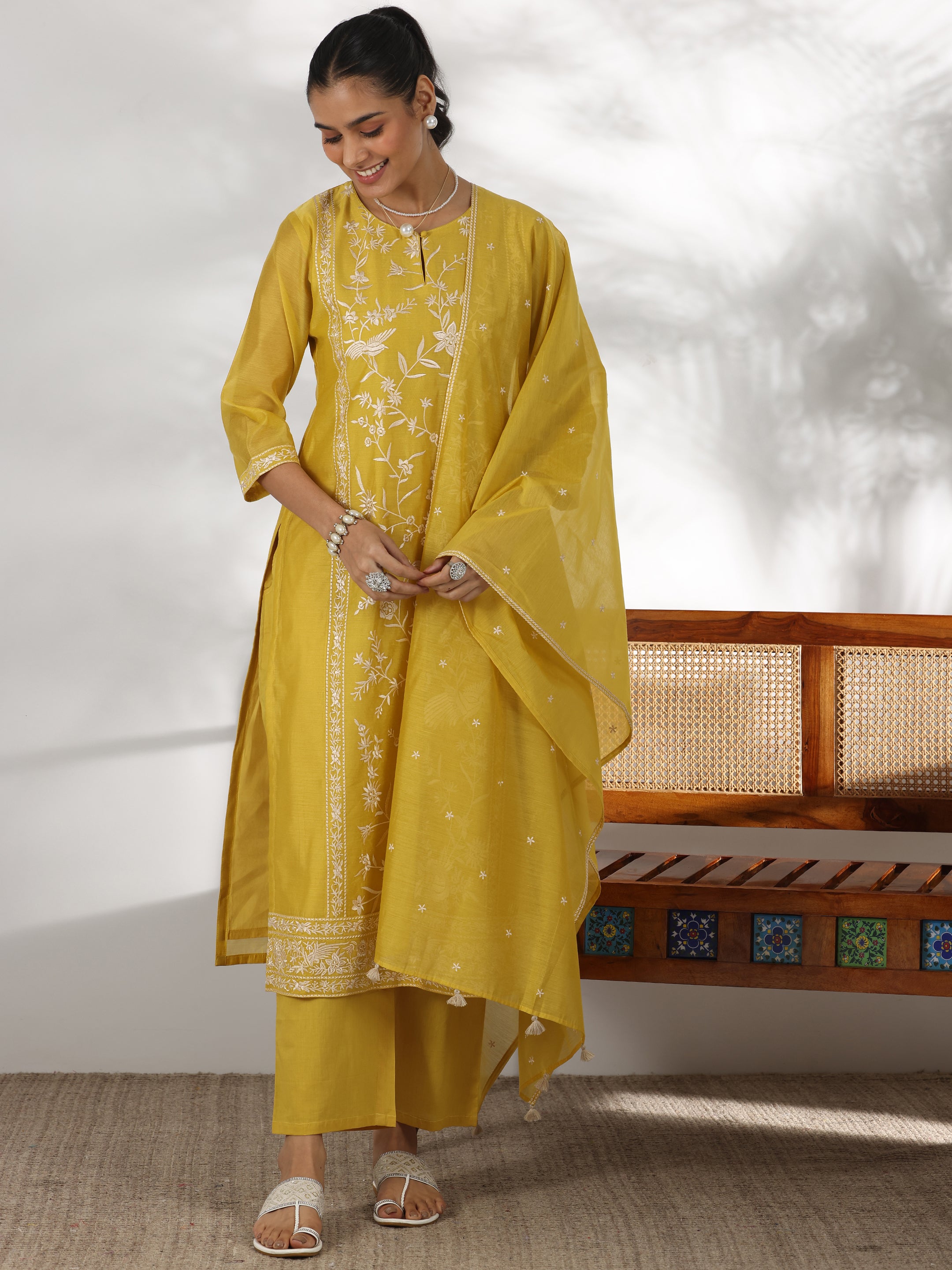 Mustard Embroidered Chanderi Silk Straight Suit With Dupatta