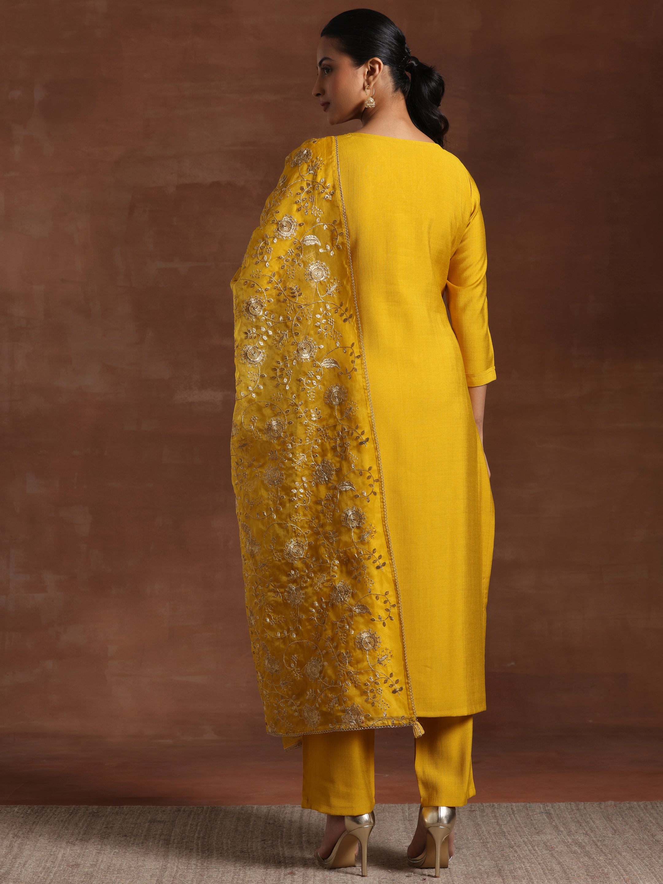 Mustard Embroidered Silk Blend Straight Suit With Dupatta