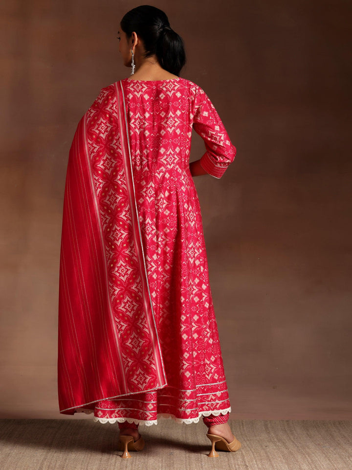 Pink Printed Silk Blend Anarkali Kurta With Churidar & Dupatta - ShopLibas