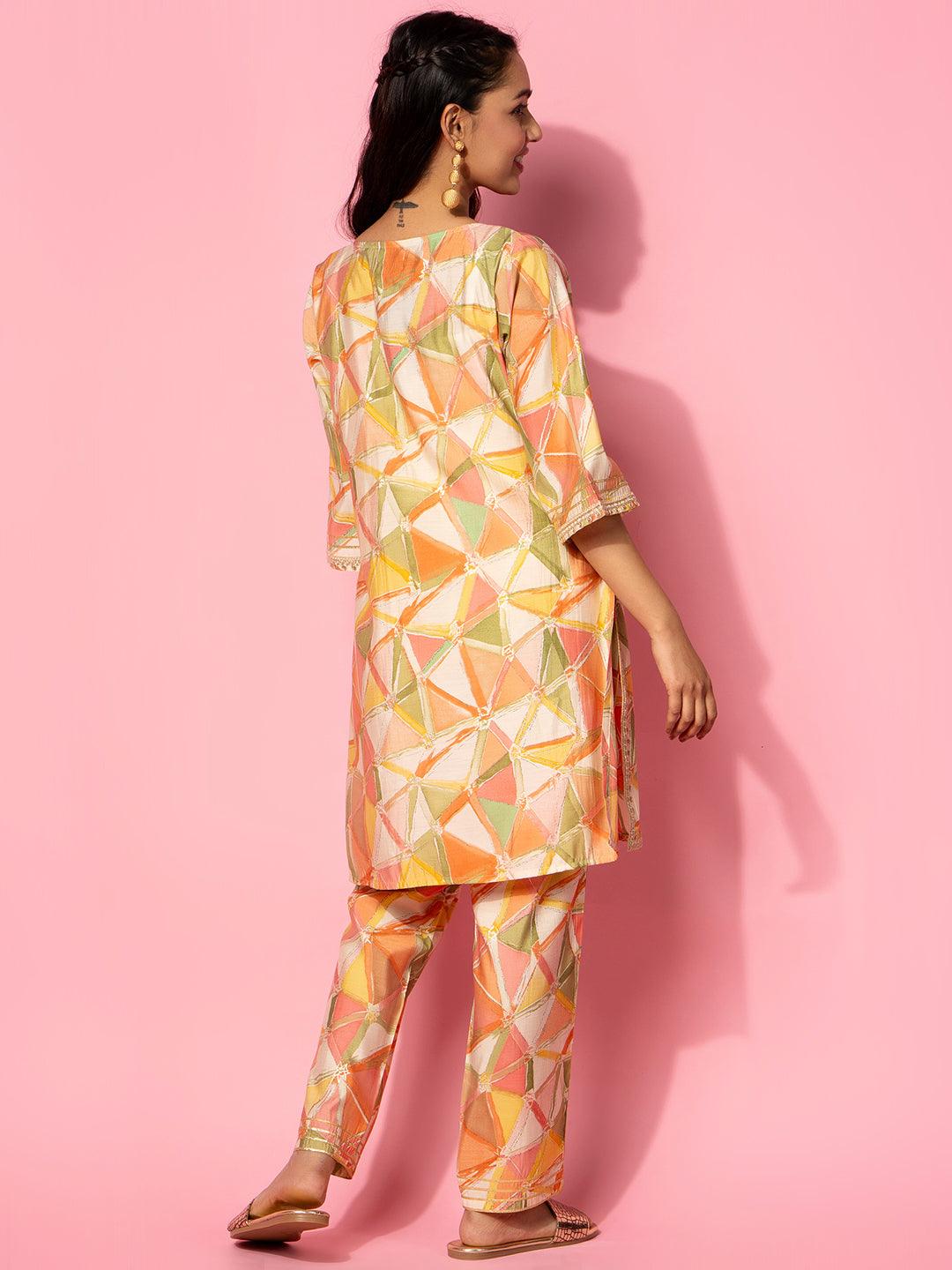 Peach Printed Silk Blend Co-Ords