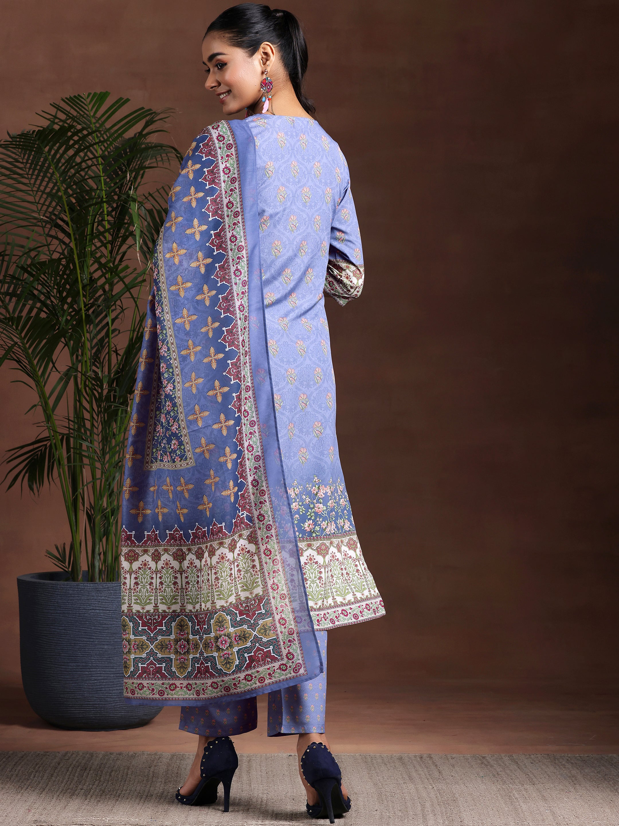 Purple Printed Poly Crepe Straight Suit With Dupatta