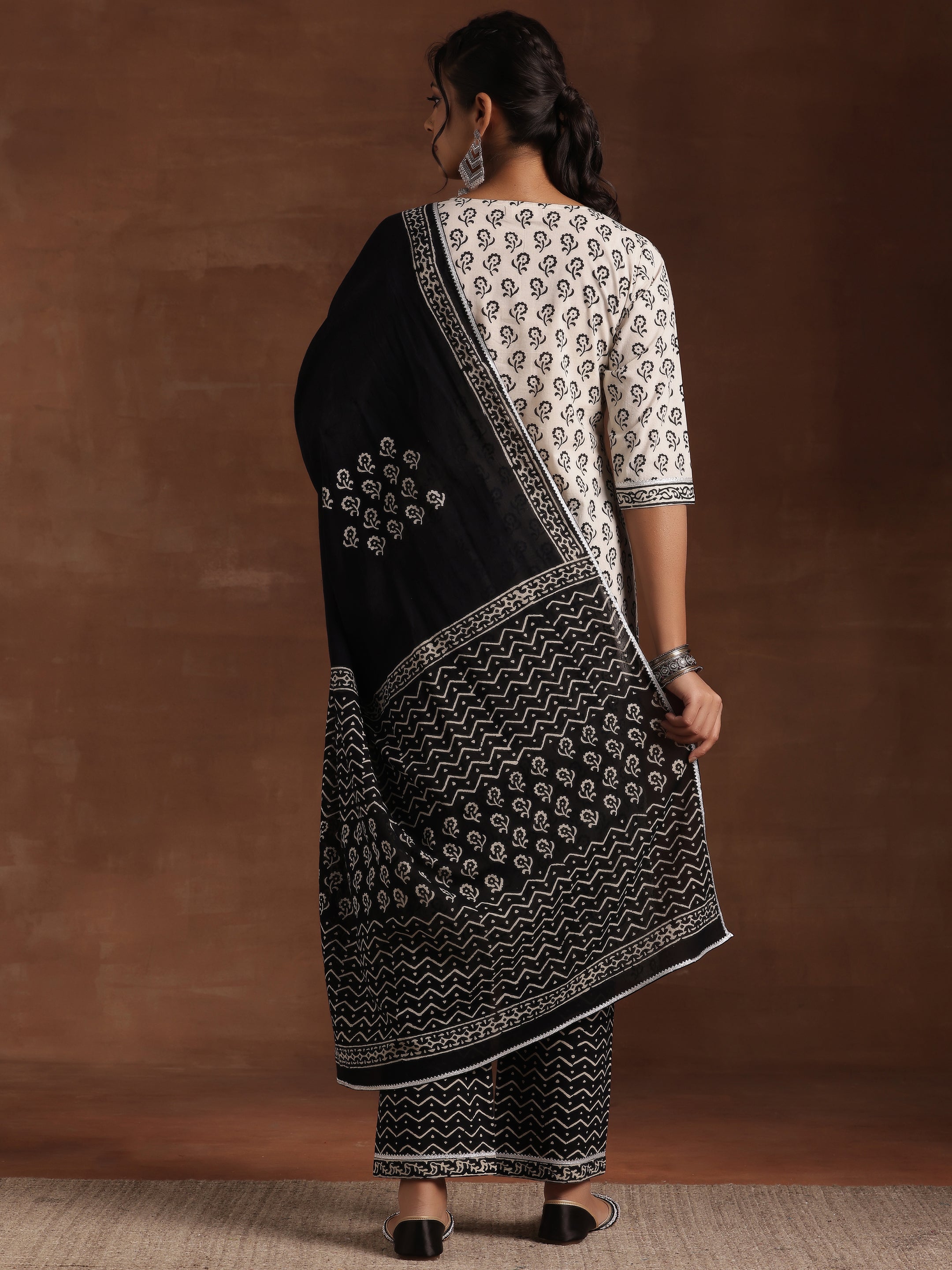 Monochrome Printed Cotton Straight Suit With Dupatta