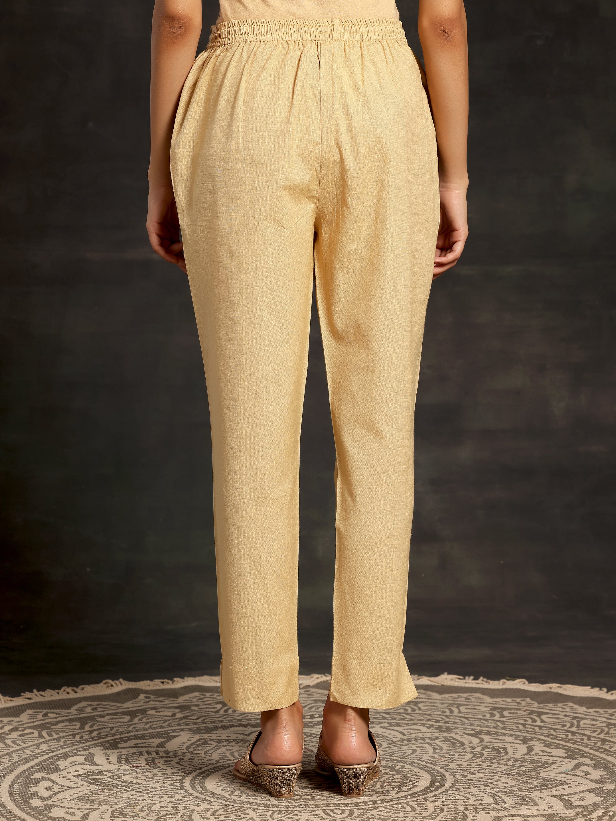 Cream Solid Cotton Straight Fit Trousers