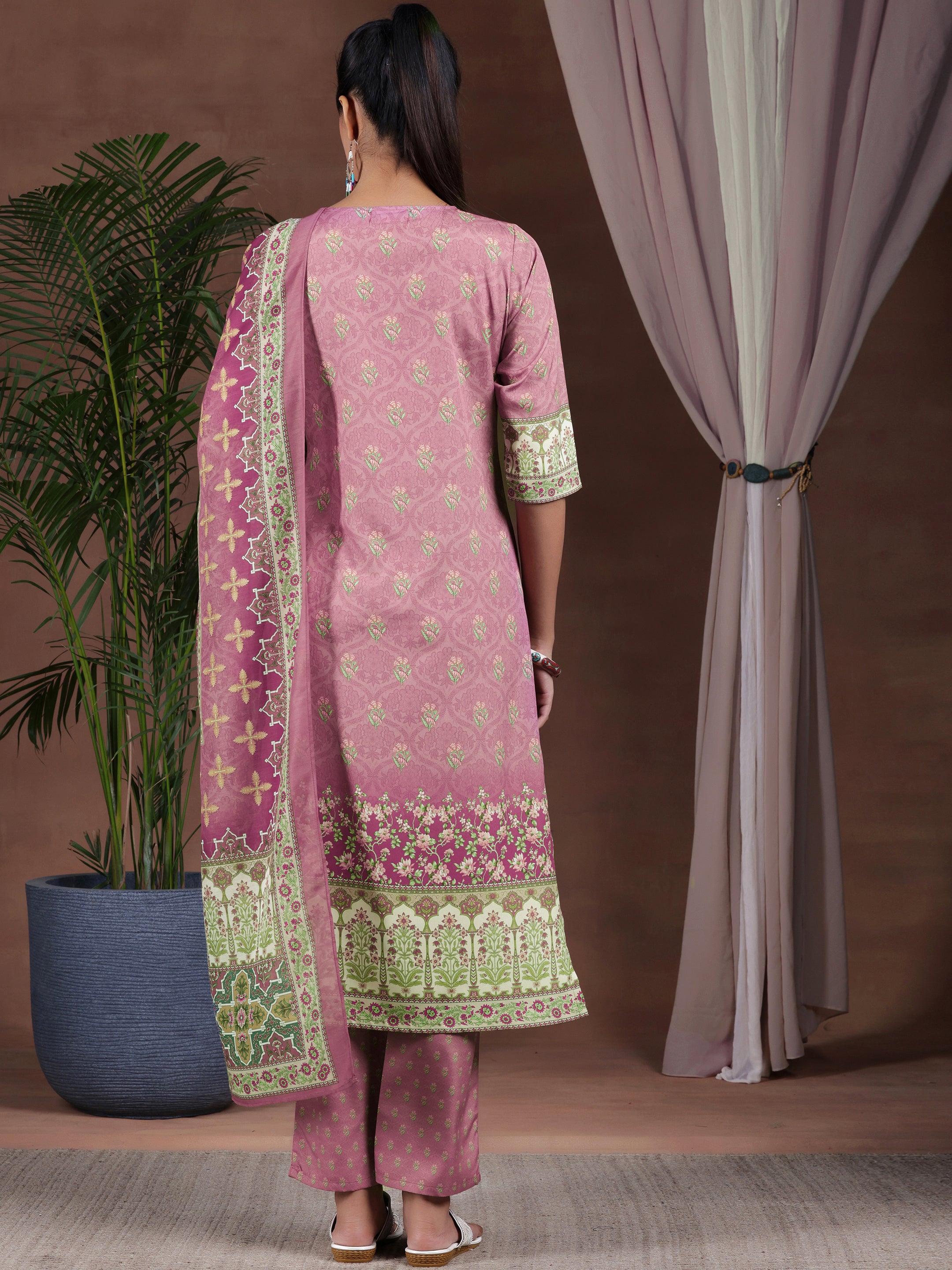 Mauve Printed Poly Crepe Straight Suit With Dupatta