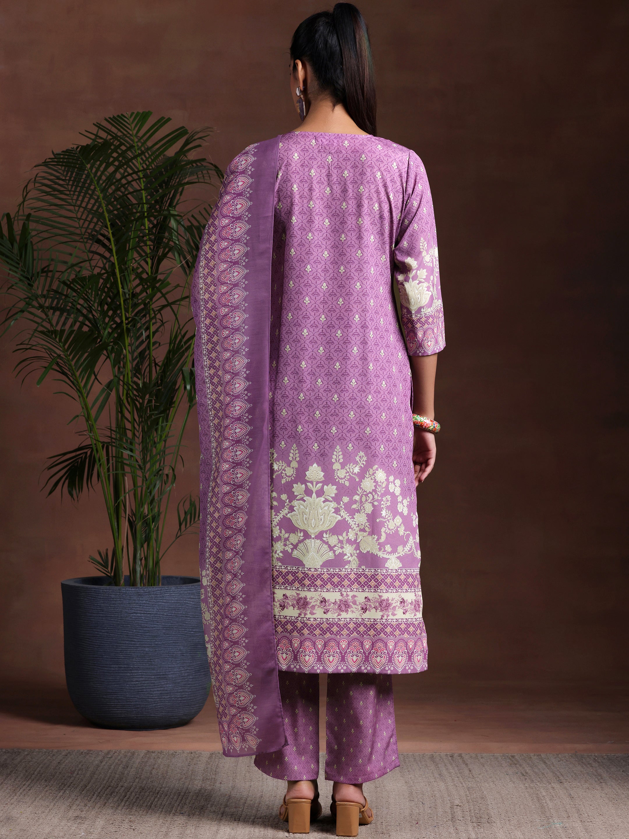 Purple Printed Poly Crepe Straight Suit With Dupatta