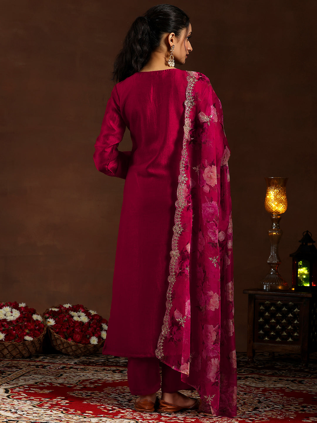 Red Embroidered Silk Blend Straight Suit With Dupatta