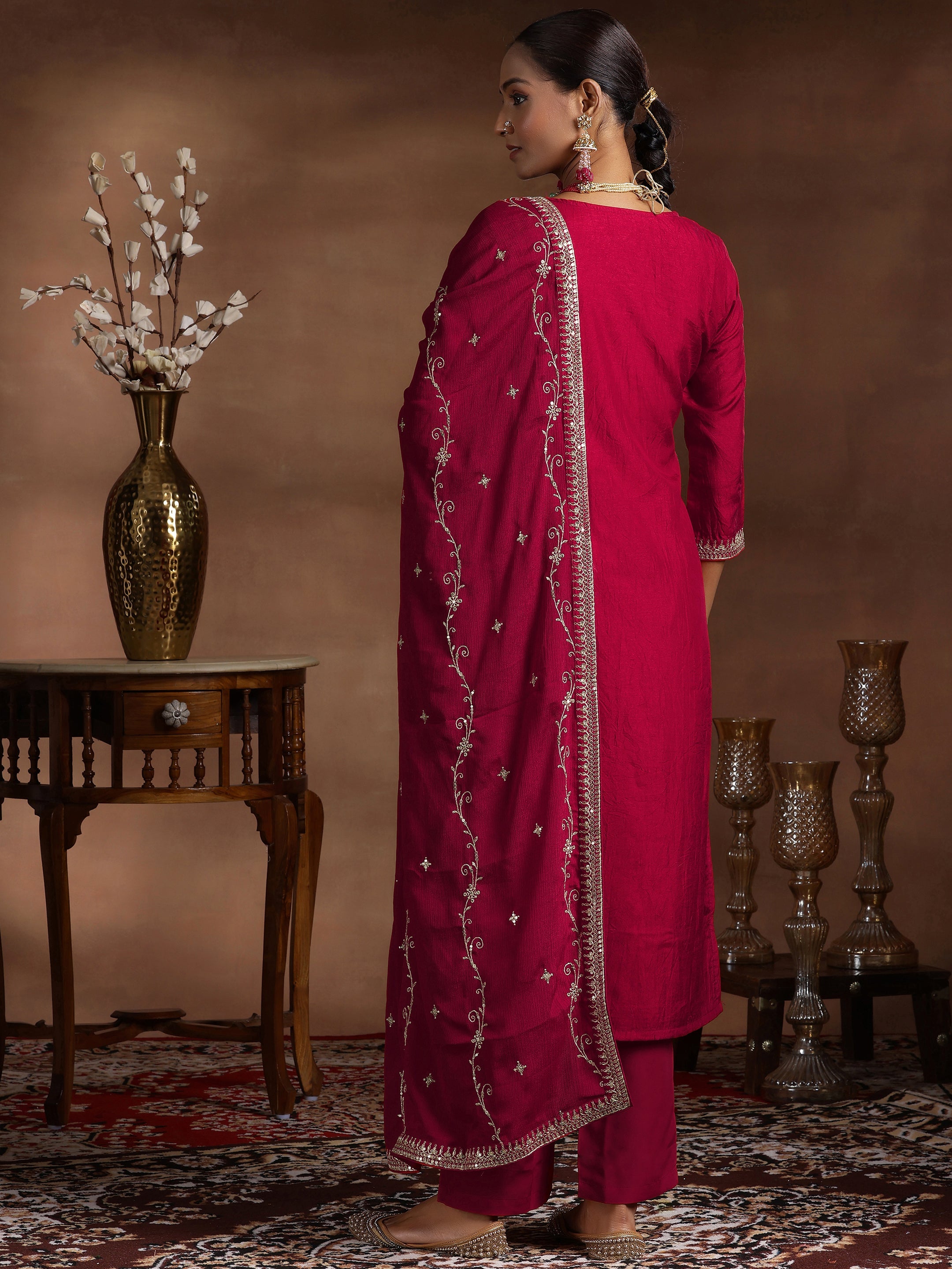 Maroon Woven Design Silk Blend Straight Suit With Dupatta