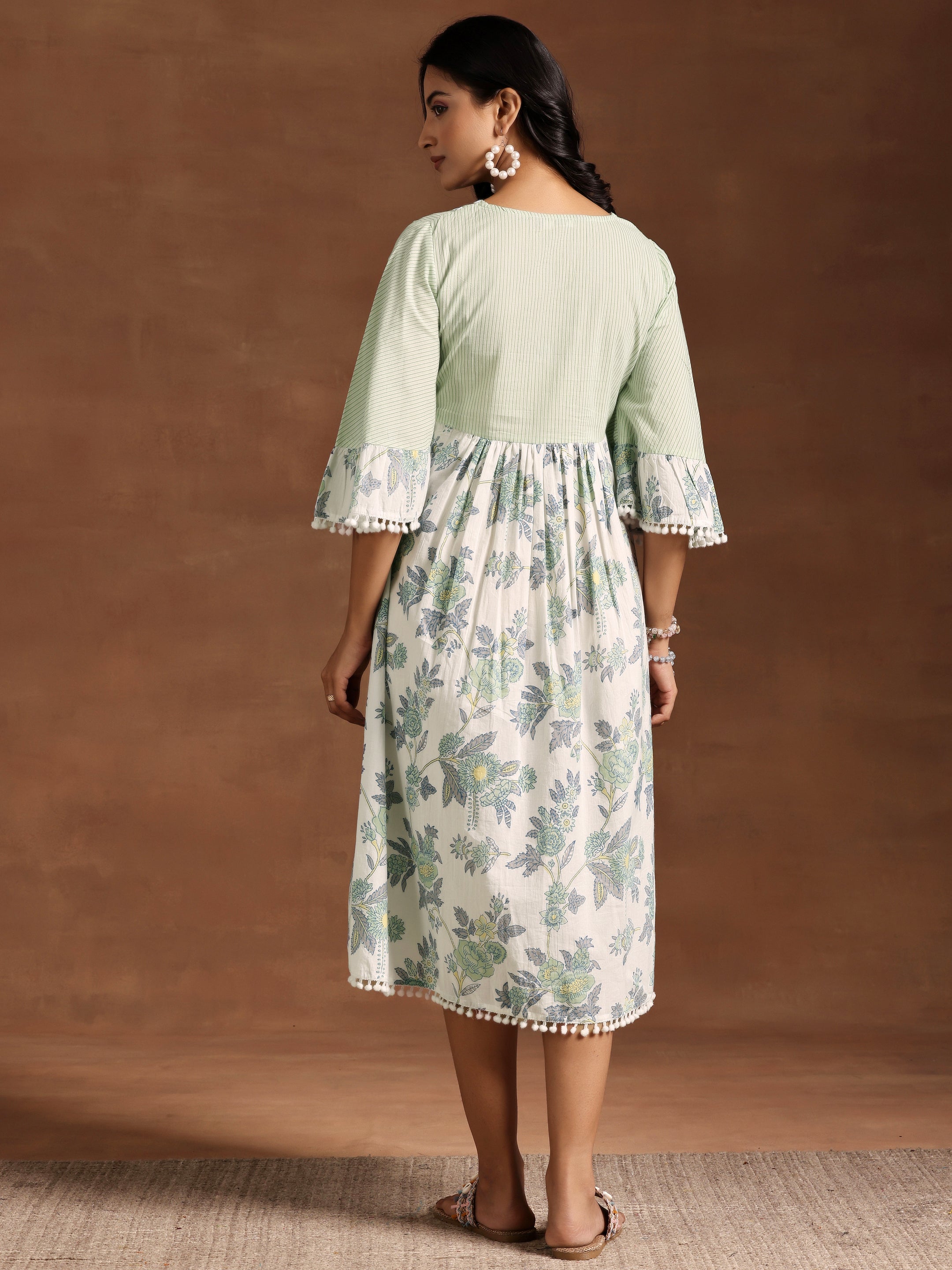 Green Printed Cotton A-Line Dress