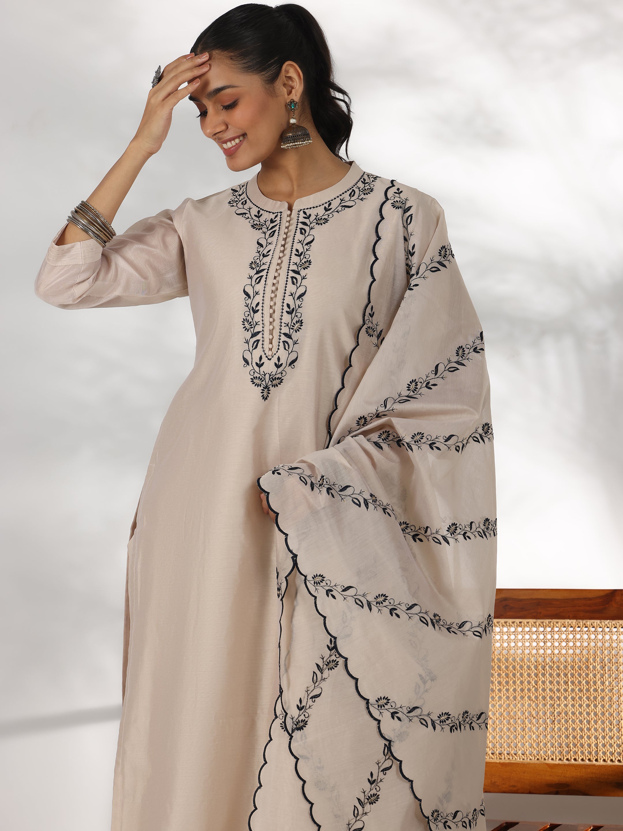 Beige Yoke Design Chanderi Silk Straight Suit With Dupatta